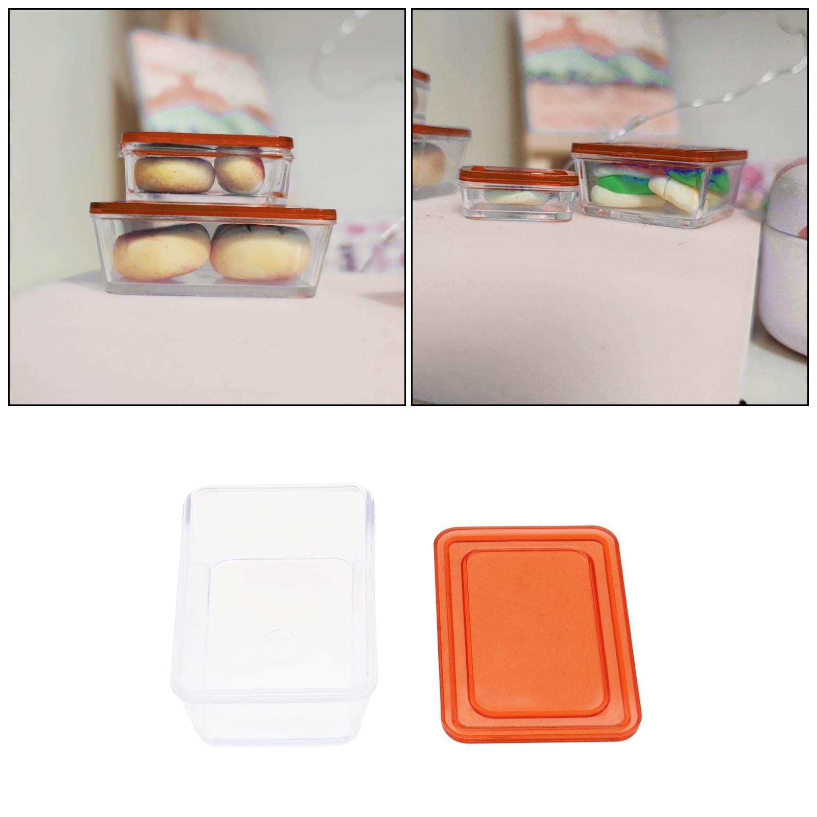 eMagTech 4Pcs Miniature Dollhouse Food Storage Box Set - 1/6 & 1/12 Scale Plastic Bento Box & Fresh Container for DIY Dollhouse Decor - Perfect for Mini Kitchen Scenes & Collectible Display