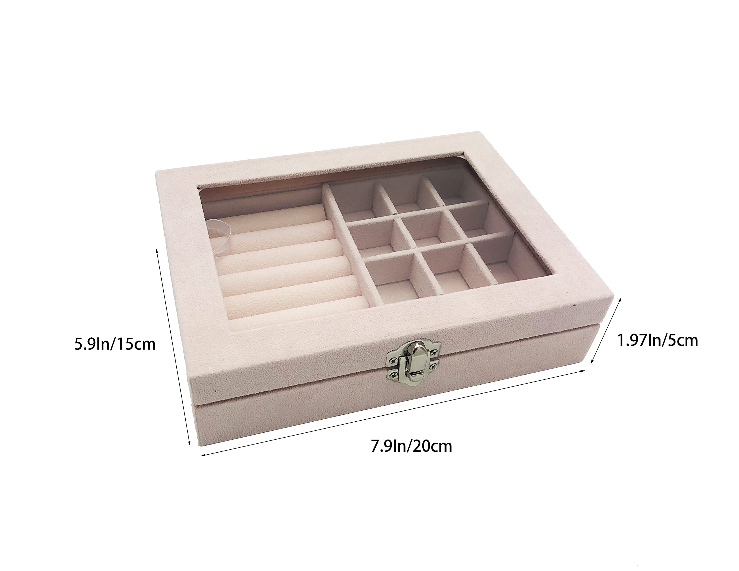 Elegant Velvet Jewelry Box with Clear Glass Lid - Premium Jewelry Organizer for Women & Girls - Perfect for Rings, Necklaces & Earrings - Ideal for Travel, Gifting & Home Storage (Beige)