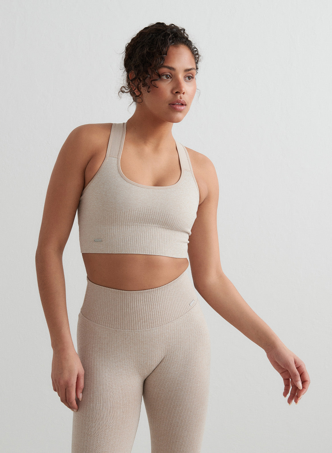 Beige Melange High Support Ribbed Bra for Women - Comfortable Wire-Free Sports Bra for Yoga, Running & Workout