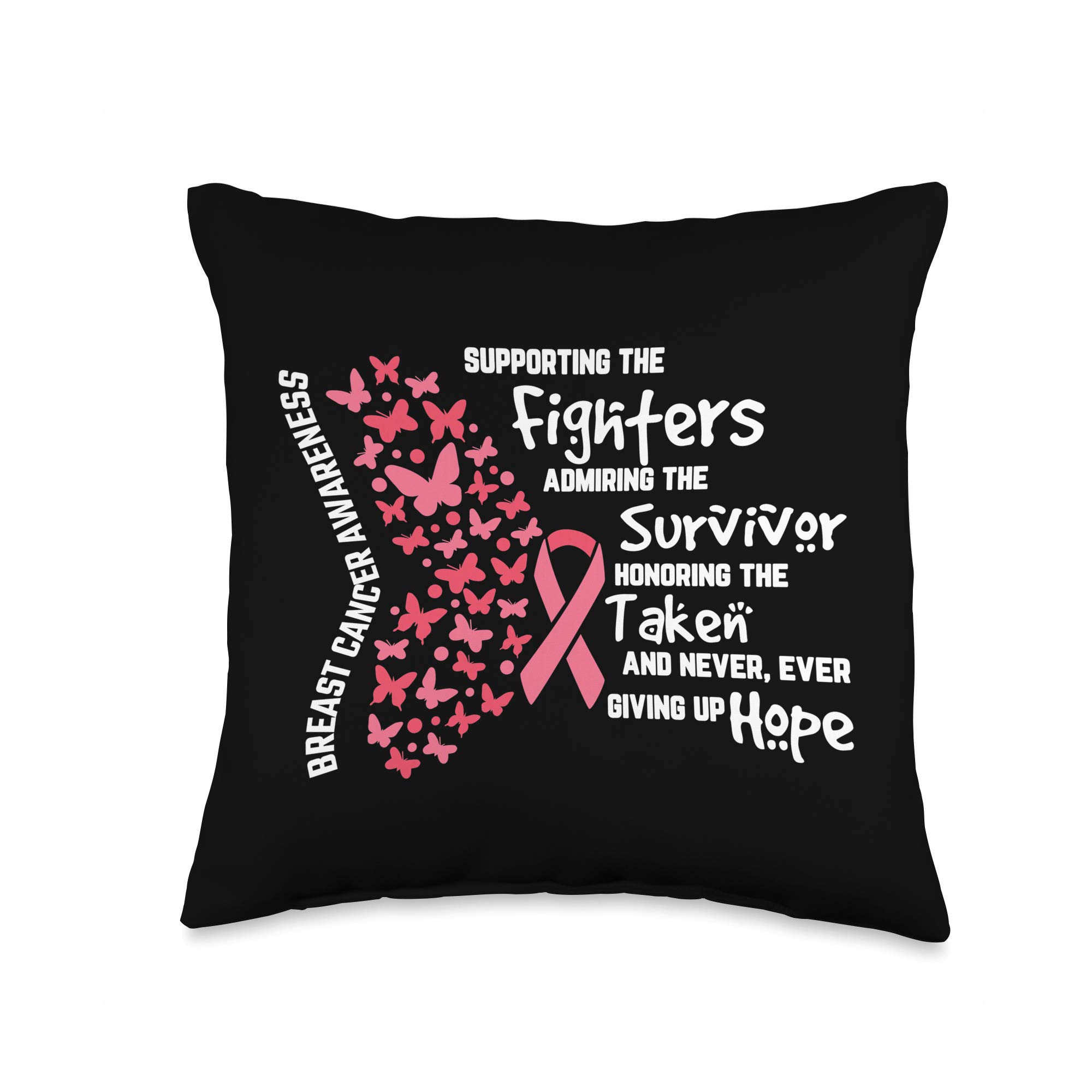 Breast Cancer Awareness Pink Ribbon Butterfly Throw Pillow - 16x16 Inches Multicolor Decorative Cushion for Living Room, Bedroom & Office Support