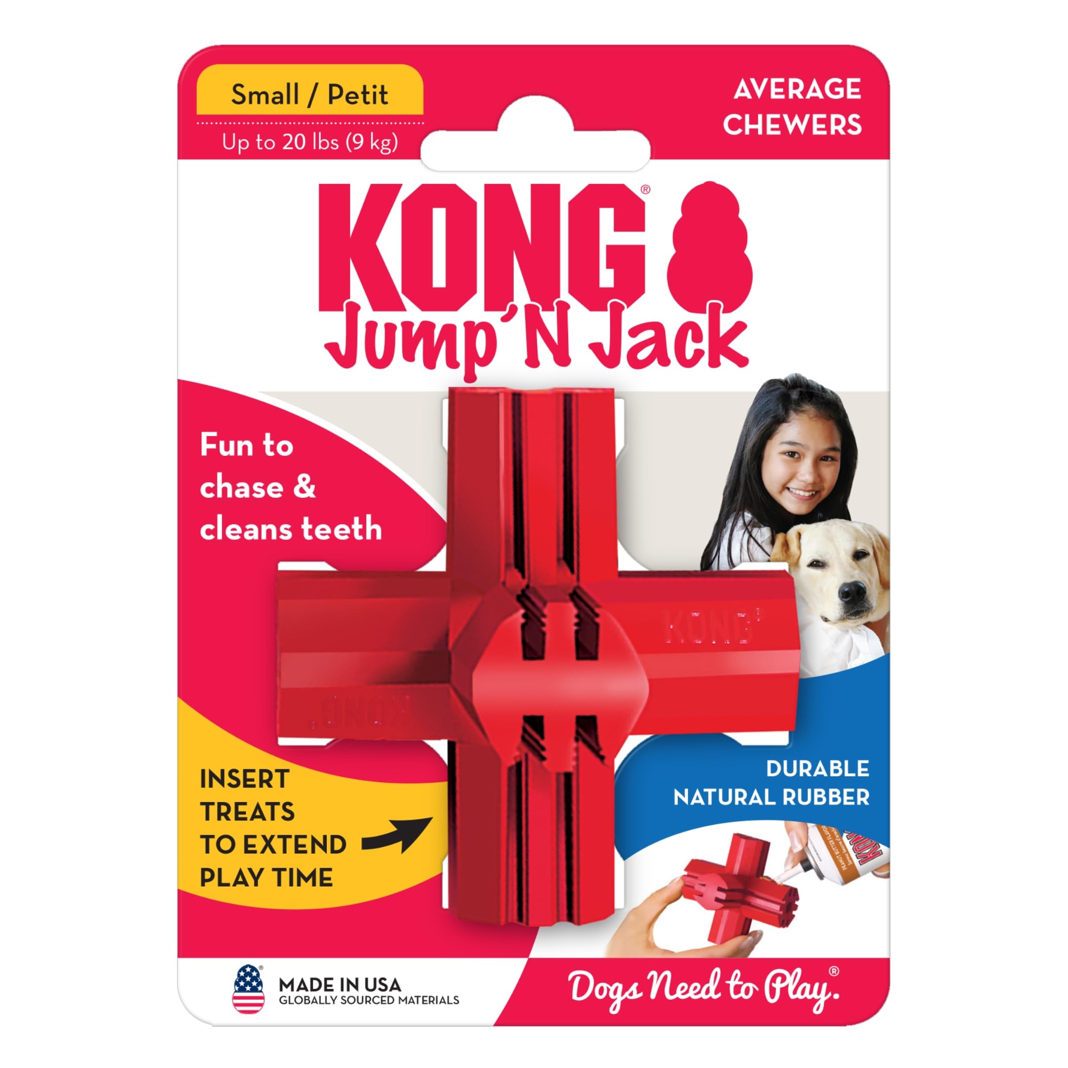 KONG Jump'N Jack - Durable Natural Rubber Chew Toy for Small Dogs - Promotes Dental Health & Satisfies Chewing Instincts - Use with Treats or Peanut Butter for Extended Play - Perfect for Indoor & Outdoor Entertainment