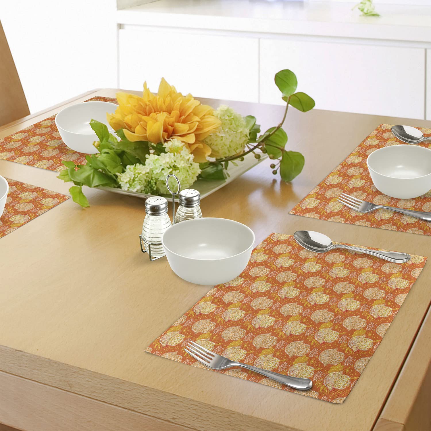 Ambesonne Oriental Place Mats Set of 4 - Washable Fabric Dining Table Mats with Folk Hand Motif in Orange, Yellow & White - Perfect for Kitchen, Dining Room Decor & Bohemian Style Home Entertaining