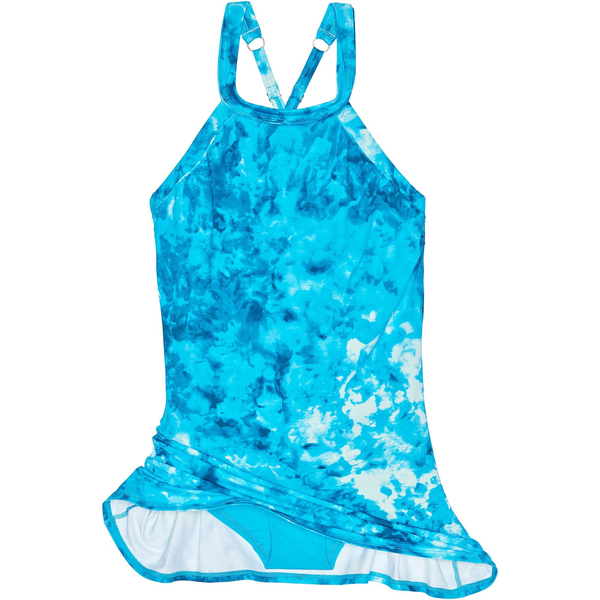 Lands' End Women's Chlorine-Resistant High Neck Swim Dress - Turquoise/Baltic Teal Tie Dye - Size 4 | Perfect for Beach Vacations, Pool Parties & Water Aerobics