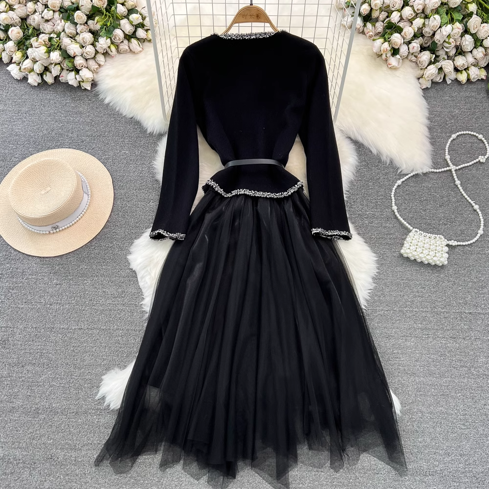 Vintage Long Sleeve Round Neck Mesh Knit A-Line Dress for Women - Fall Winter Retro Style Outfit 1352 | Perfect for Holiday Parties, Date Nights & Office Wear