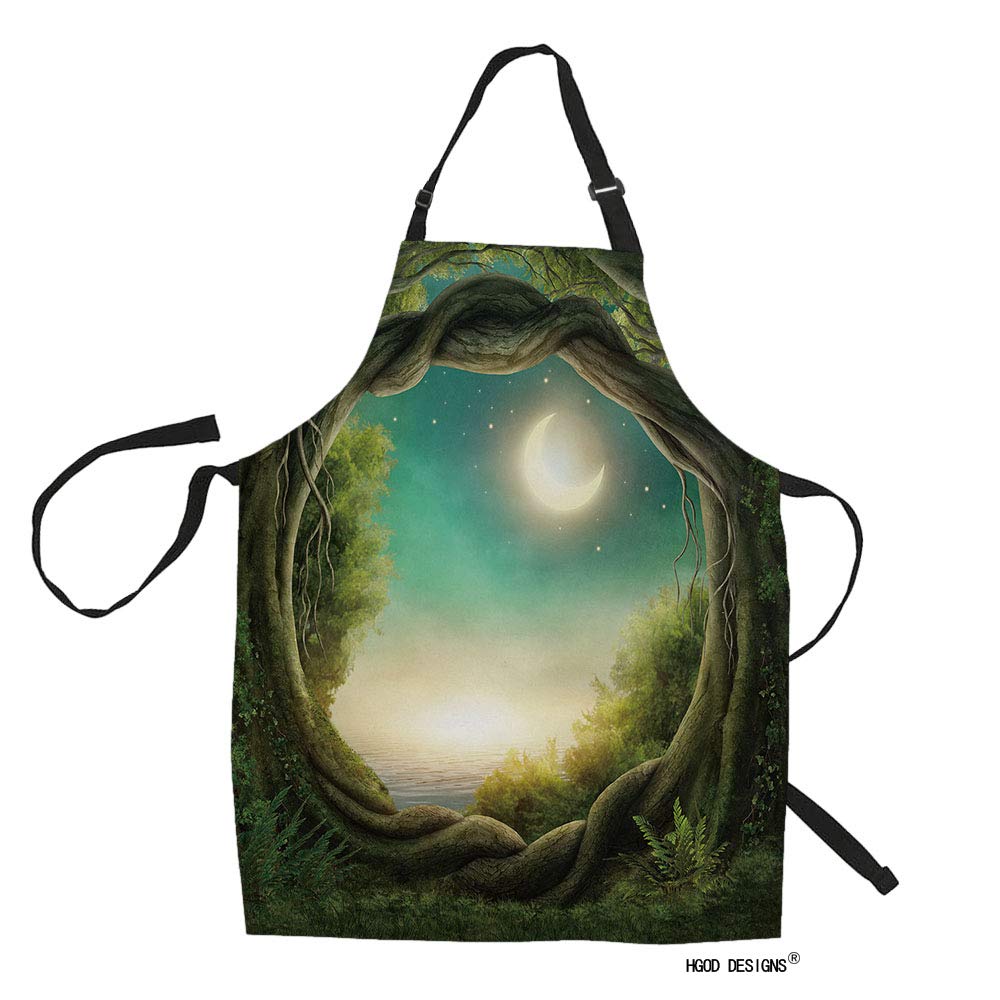 HGOD DESIGNS Holiday Greenery Trees & Moon Kitchen Apron for Women & Men - Adjustable Adult Bib for Cooking, Baking, Gardening & Holiday Decorating