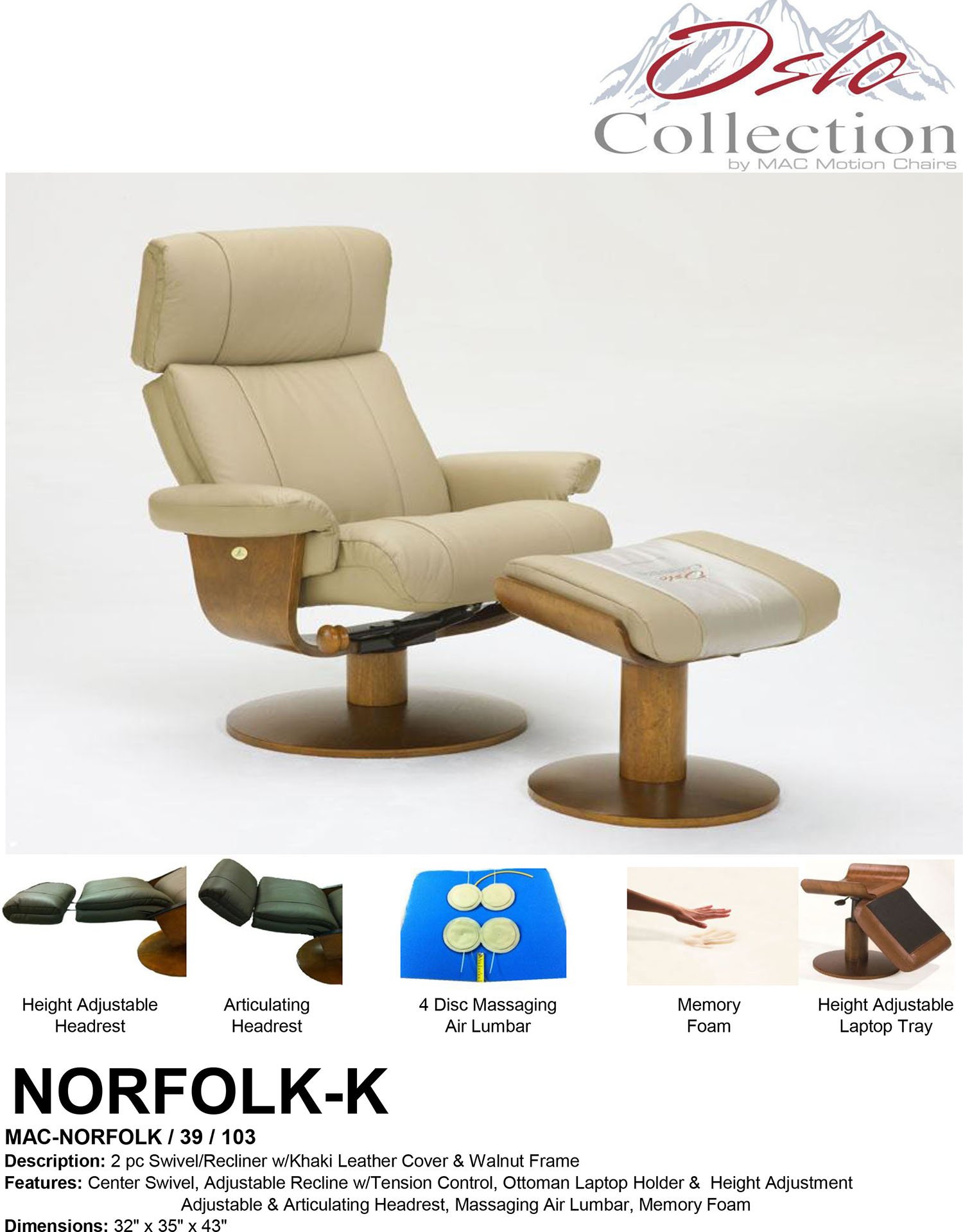 Mac Motion Norfolk Massaging Air Lumbar Recliner with Ottoman - Dark Brown Top Grain Leather Swivel Chair for Home Office & Living Room Relaxation