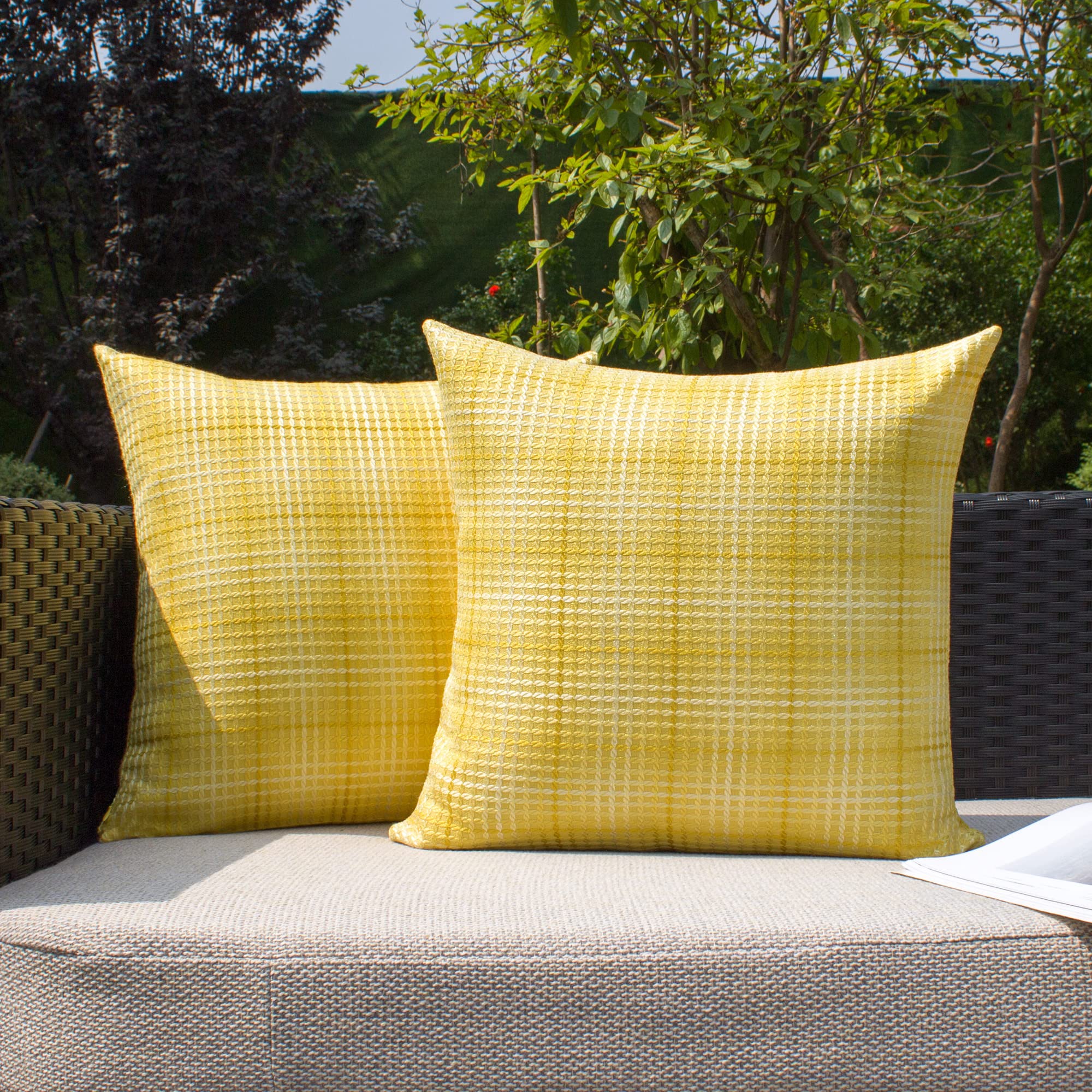 Kevin Textile 2-Pack Waterproof Outdoor Throw Pillow Covers - 20x20 Inch (50x50cm) Sunbrella Fabric Decorative Cushion Cases for Patio, Garden, Poolside, RV & Camping - Bright Yellow Weather-Resistant Pillow Protectors