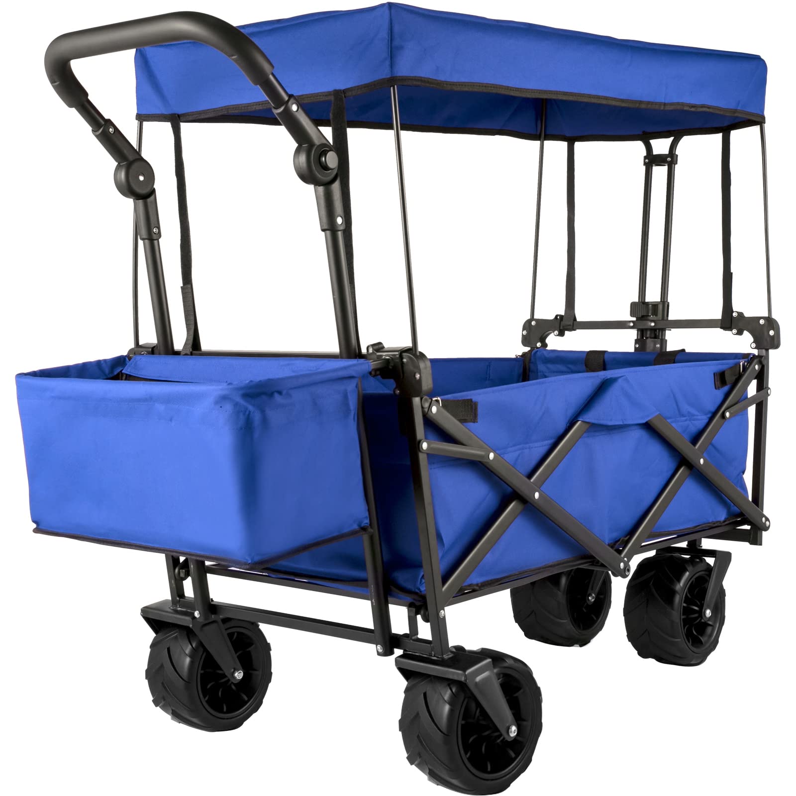 Happbuy Collapsible Wagon with Removable Canopy - Heavy Duty 220lbs Capacity Foldable Beach Wagon Cart with Large Wheels - Adjustable Push Pull Handles for Outdoor, Camping, Picnic, Grocery Shopping (Blue)