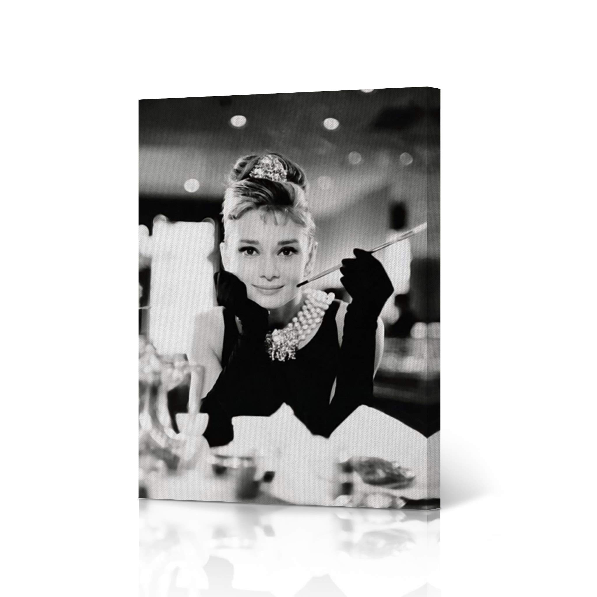 Audrey Hepburn Breakfast at Tiffany's Black and White Canvas Wall Art - 40x30 Inch Vintage Movie Poster Print for Living Room, Bedroom & Restaurant Decor - Made in USA | Classic Hollywood Home & Office Wall Decor