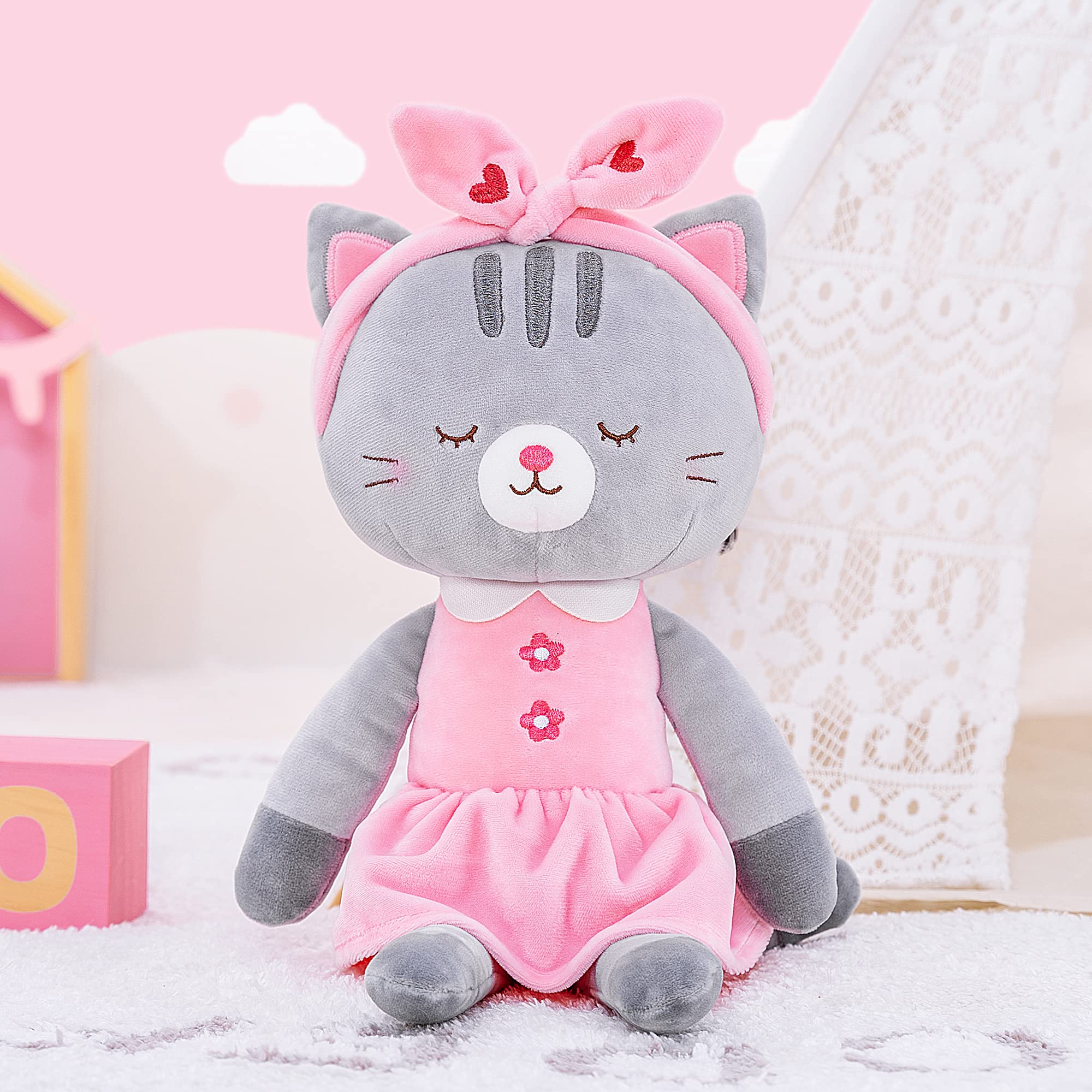 Soft Gray Stuffed Cat Plush Toy with Hair Band - 16