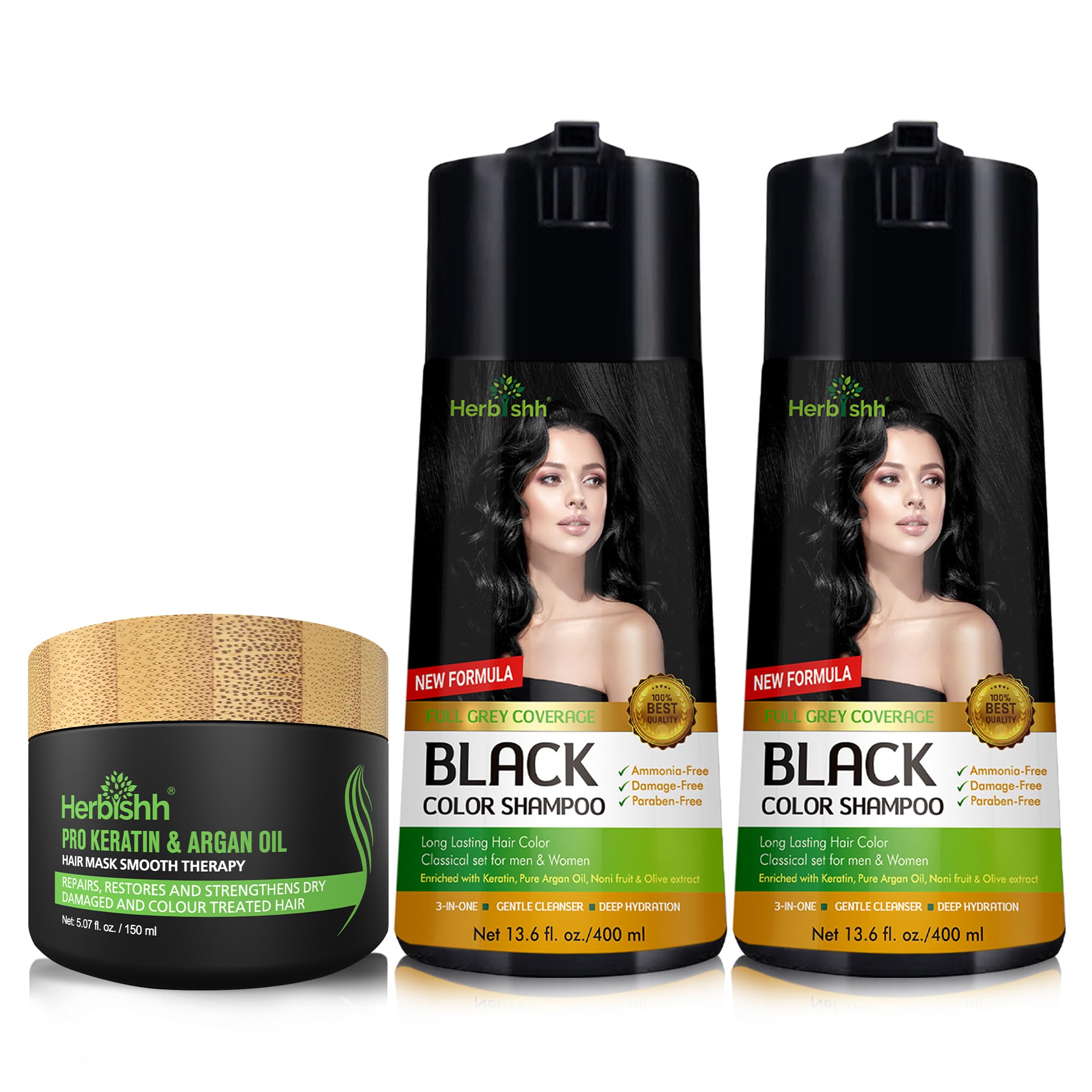 Herbishh Black Hair Color Shampoo & Hair Mask Set (2-Pack) - Permanent Natural Hair Dye for Dark Shine, Gray Coverage & Hair Care - Perfect for Home Use & Salon Styling