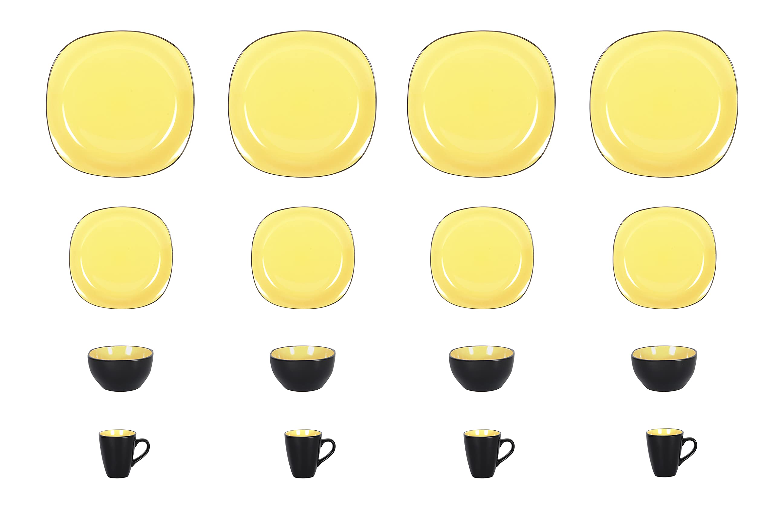 16-Piece Stoneware Dinnerware Set - Shiny Yellow Inside & Matte Black Outside - Elegant Square Plates & Bowls for Modern Dining, Dinner Parties, and Home Decor