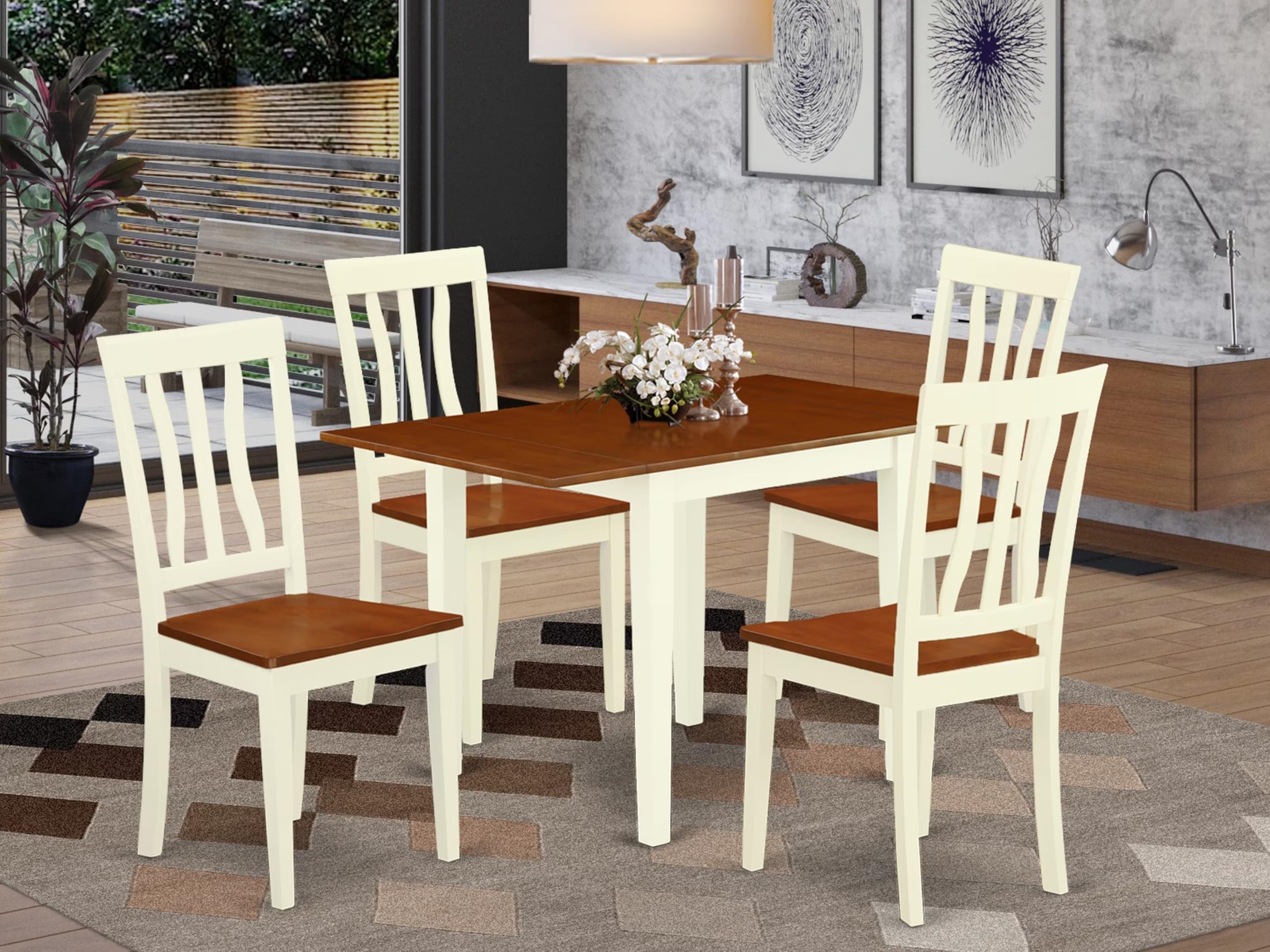 East West Furniture NDAN5-WHI-W 5-Piece Dining Room Set - Rectangle Drop-Leaf Kitchen Table & 4 Chairs, 30x48 Inch, Buttermilk & Cherry - Perfect for Small Spaces, Breakfast Nooks & Cozy Family Meals