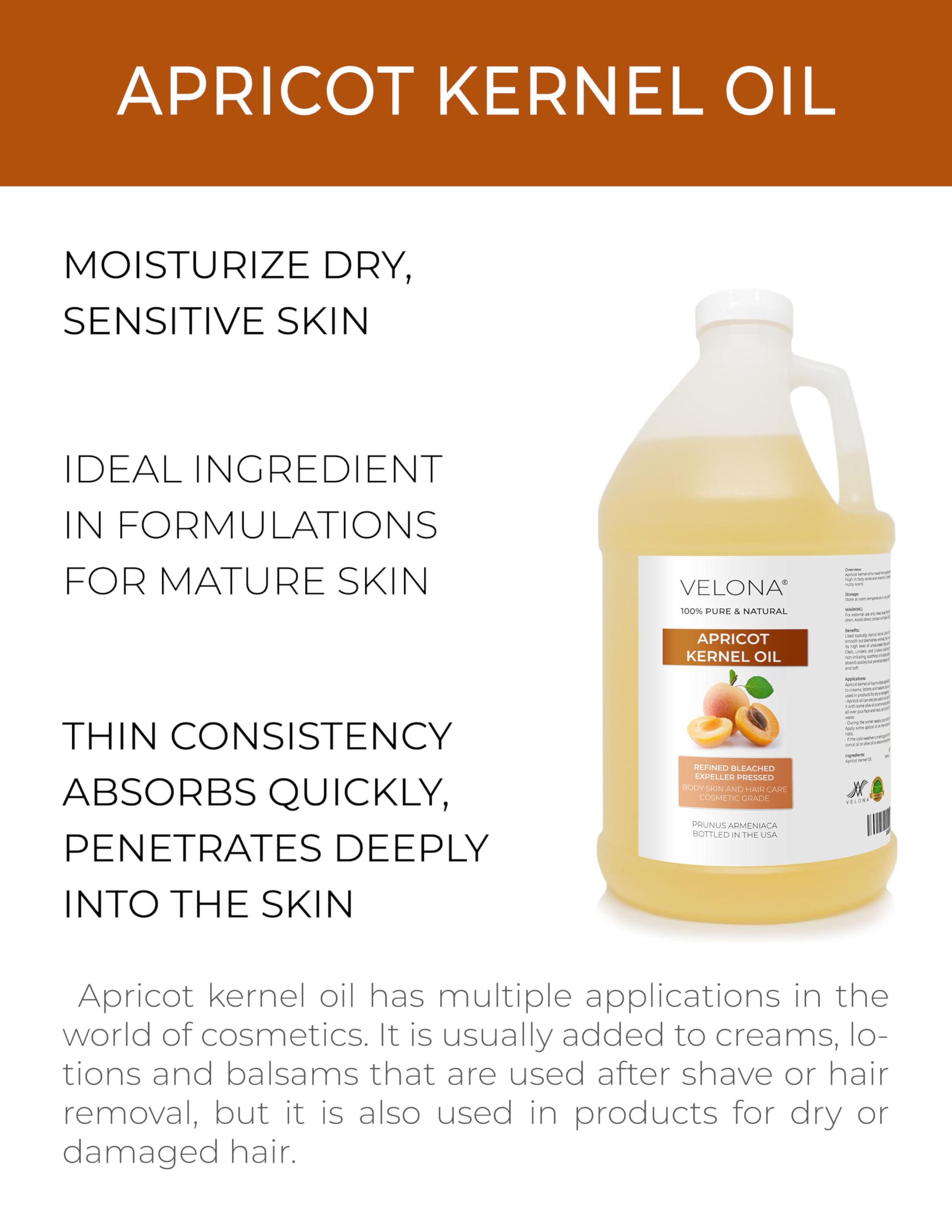 Velona 100% Pure & Natural Apricot Kernel Oil - 1 Gallon (128 Fl Oz) | Refined Cold-Pressed Carrier Oil for Hair, Skin & Body Care | Moisturizing & Nourishing | Perfect for Massage, Aromatherapy & DIY Beauty Recipes