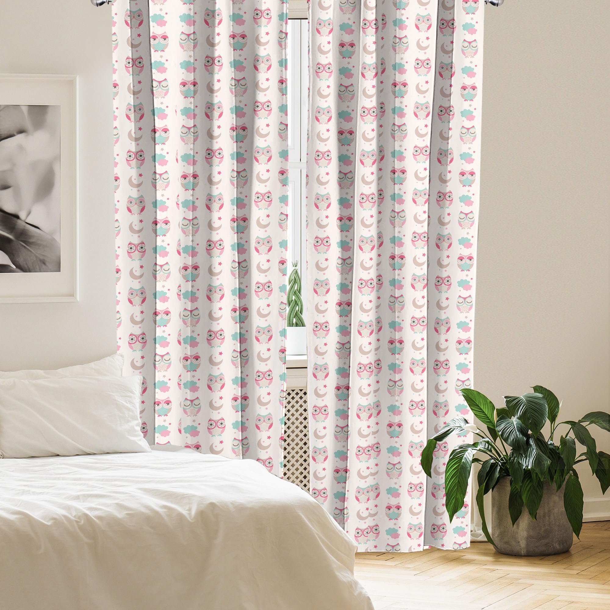 Ambesonne Owl Cartoon Blackout Curtains - 2 Panel Set with Crescent Moon & Stars Design, 56