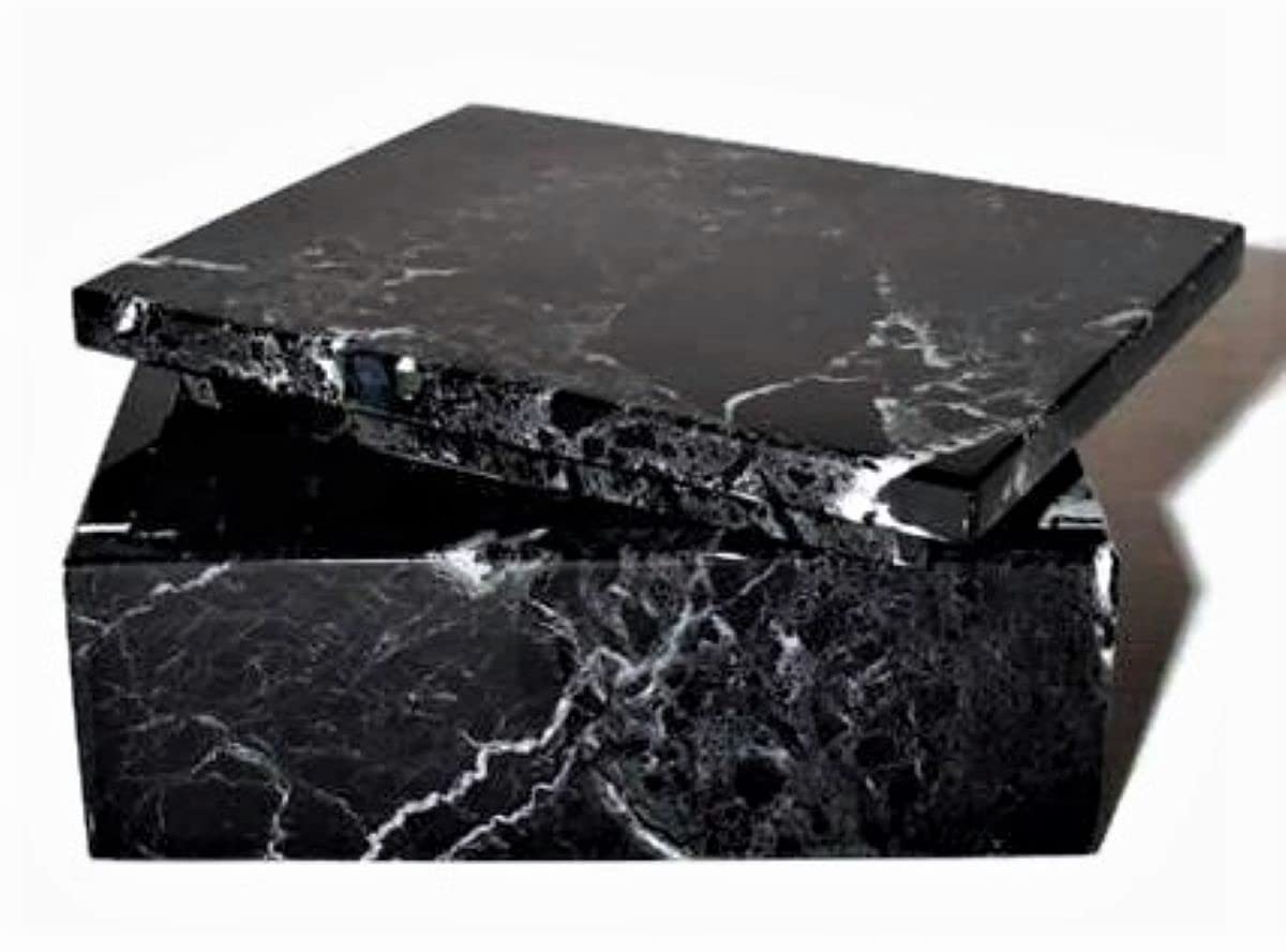 KhanImports Decorative Black Marble Jewelry Box with Lid - 5 Inch Rectangular Stone Gift Box for Home Decor, Ring Storage & Wedding Present