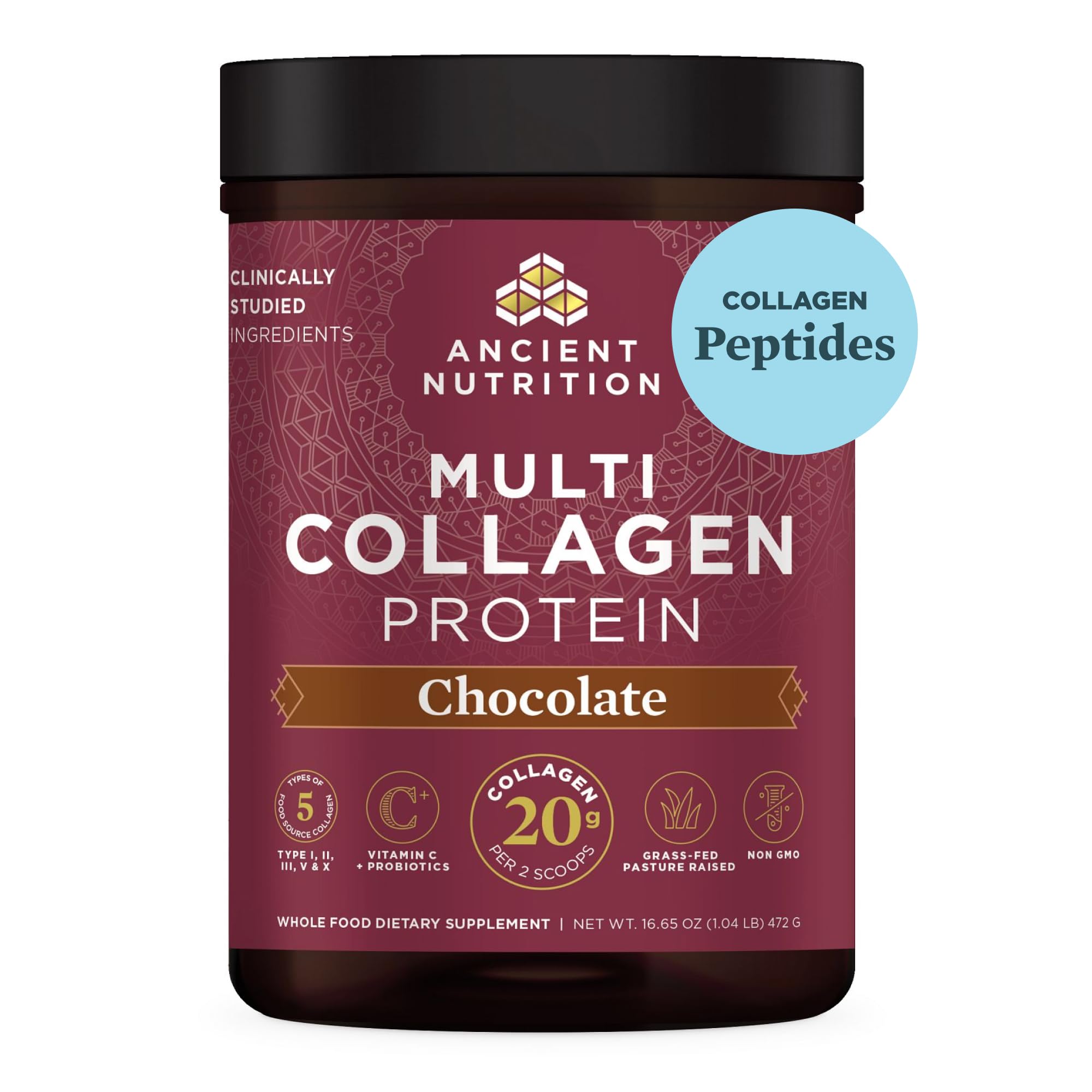 Ancient Nutrition Multi Collagen Protein Powder - Chocolate Flavor, 16.65oz (45 Servings) with Hydrolyzed Collagen Peptides & Vitamin C for Skin, Nails & Gut Health | Supports Joint Recovery, Post-Workout Muscle Repair & Healthy Aging