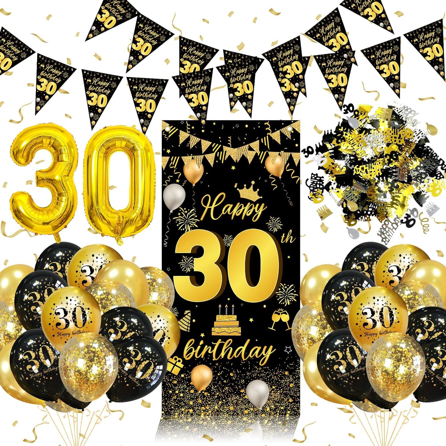 18th Birthday Decorations for Men & Women - Black & Gold Party Supplies with Happy Birthday Banner, Confetti, 32 Inch Gold Number 18 Balloons - Perfect for 18th, 30th Birthday Parties & Adult Celebrations