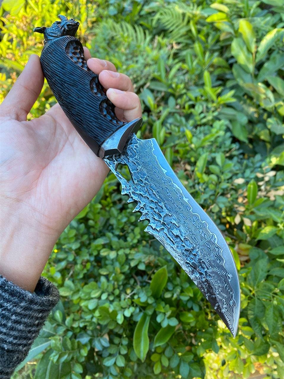 Premium VG10 Damascus Steel Hunting Knife with Exotic Ebony Wood Handle - Perfect for Outdoor Adventures, Camping, and Survival Gear