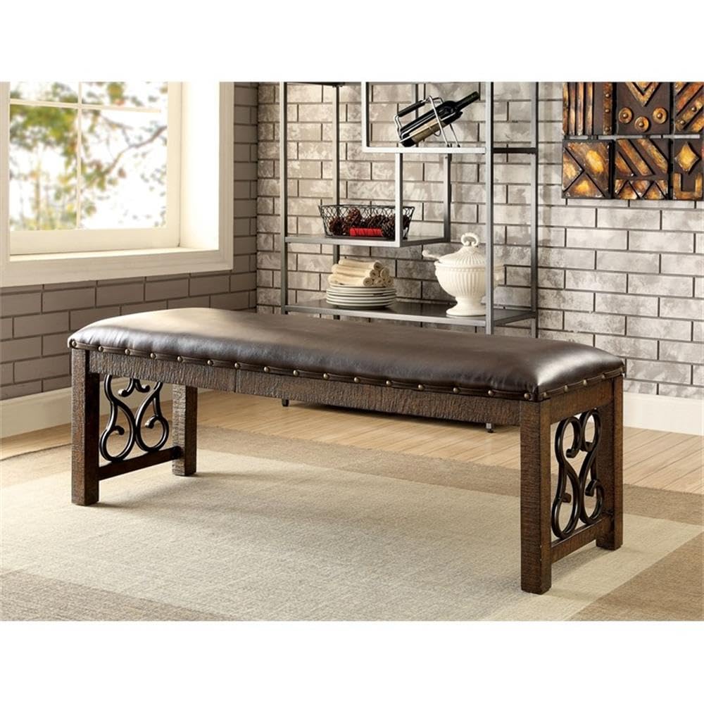Furniture of America Arlyne Faux Leather Padded Dining Bench in Rustic Walnut - Stylish & Comfortable Kitchen Seating for Dining Room, Breakfast Nook & Entryway