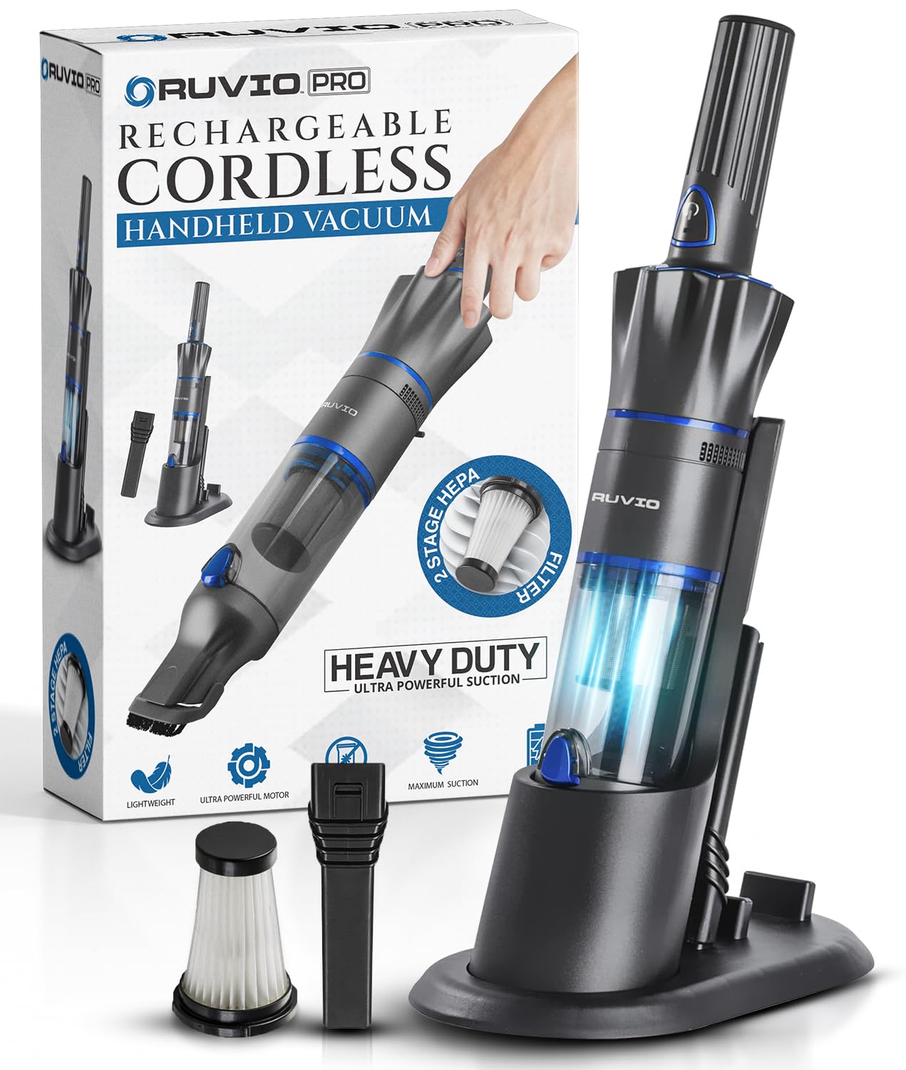 Ruvio PRO Cordless Handheld Vacuum Cleaner - Powerful Portable Vacuum for Home, Car, Pet Hair & Hardwood Floors - 2X HEPA Filtration System - Ideal for Quick Cleanups, Car Detailing & Pet Hair Removal (As Seen on TV)