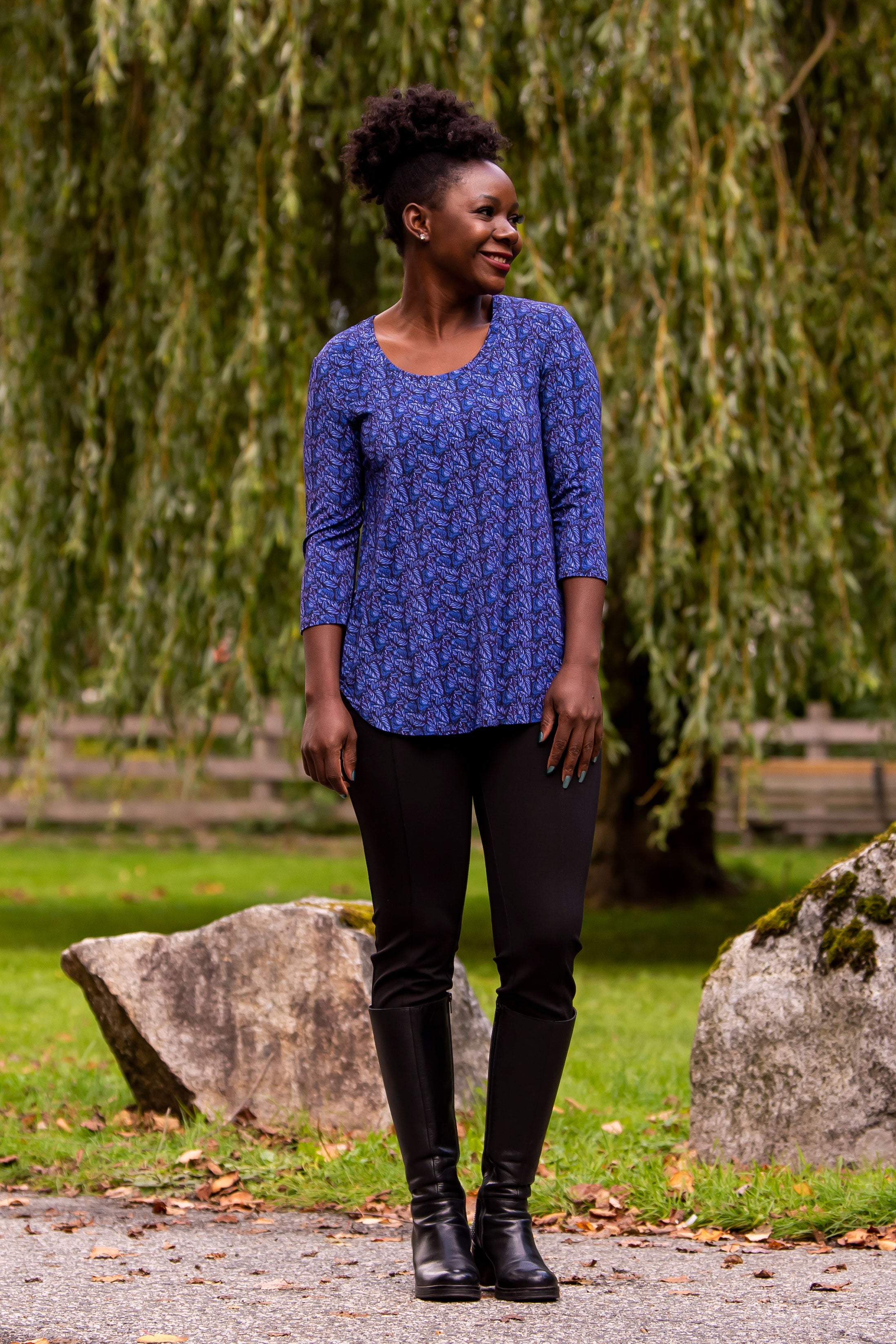 Jazz 3/4 Sleeve Women's Top - Midnight Leaves Print Bamboo Fabric - Perfect for Concerts, Date Nights & Casual Outings