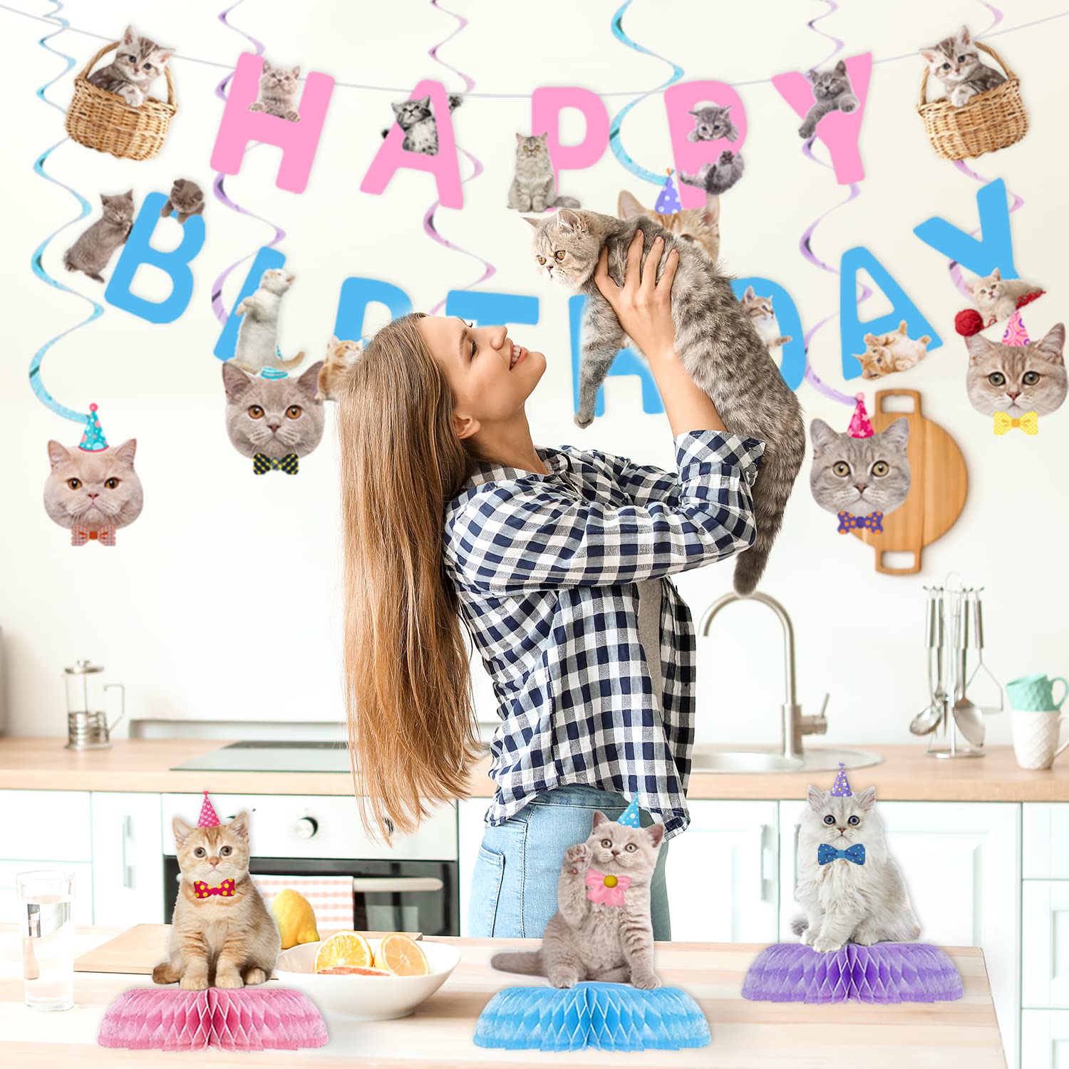 16 Pcs Cat Birthday Party Supplies Kit - Includes Happy Birthday Banner, Hanging Cutouts, Swirl Decorations & Honeycomb Centerpieces for Kitten Themed Parties | Perfect for Cat Lovers' Birthday Celebrations, Baby Showers & Pet Adoption Events