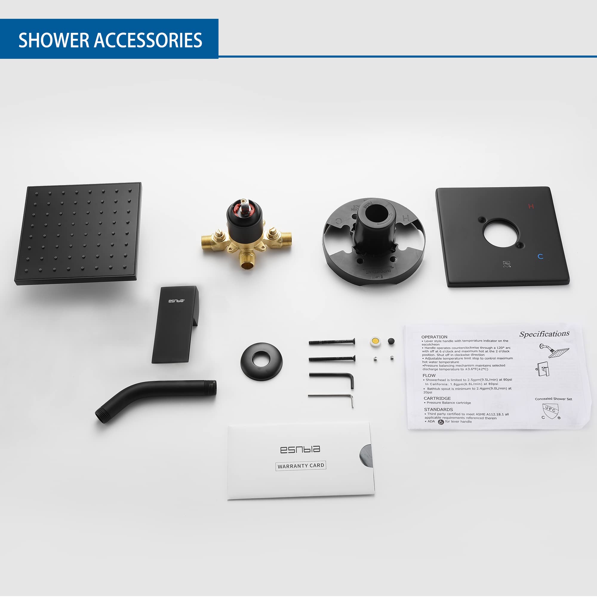 Esnbia Matte Black Tub Shower Kit - 6-Inch Rain Shower Head with Single-Handle Faucet Set (Includes Valve) for Bathroom & Bathtub Upgrade - Perfect for Modern Home Renovation & Spa-Like Shower Experience