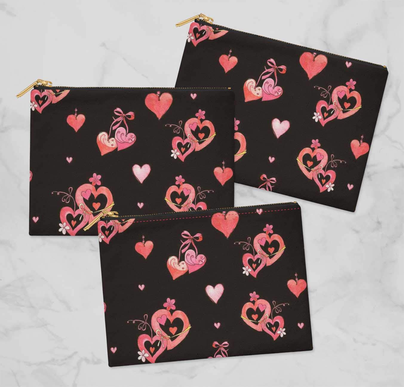 S4Sassy Black Floral & Heart Print Cosmetic Bag Set of 3 - 6 x 8 Inch Makeup Pouch, Coin Purse & Toiletry Organizer for Travel, Gym & Daily Essentials Storage