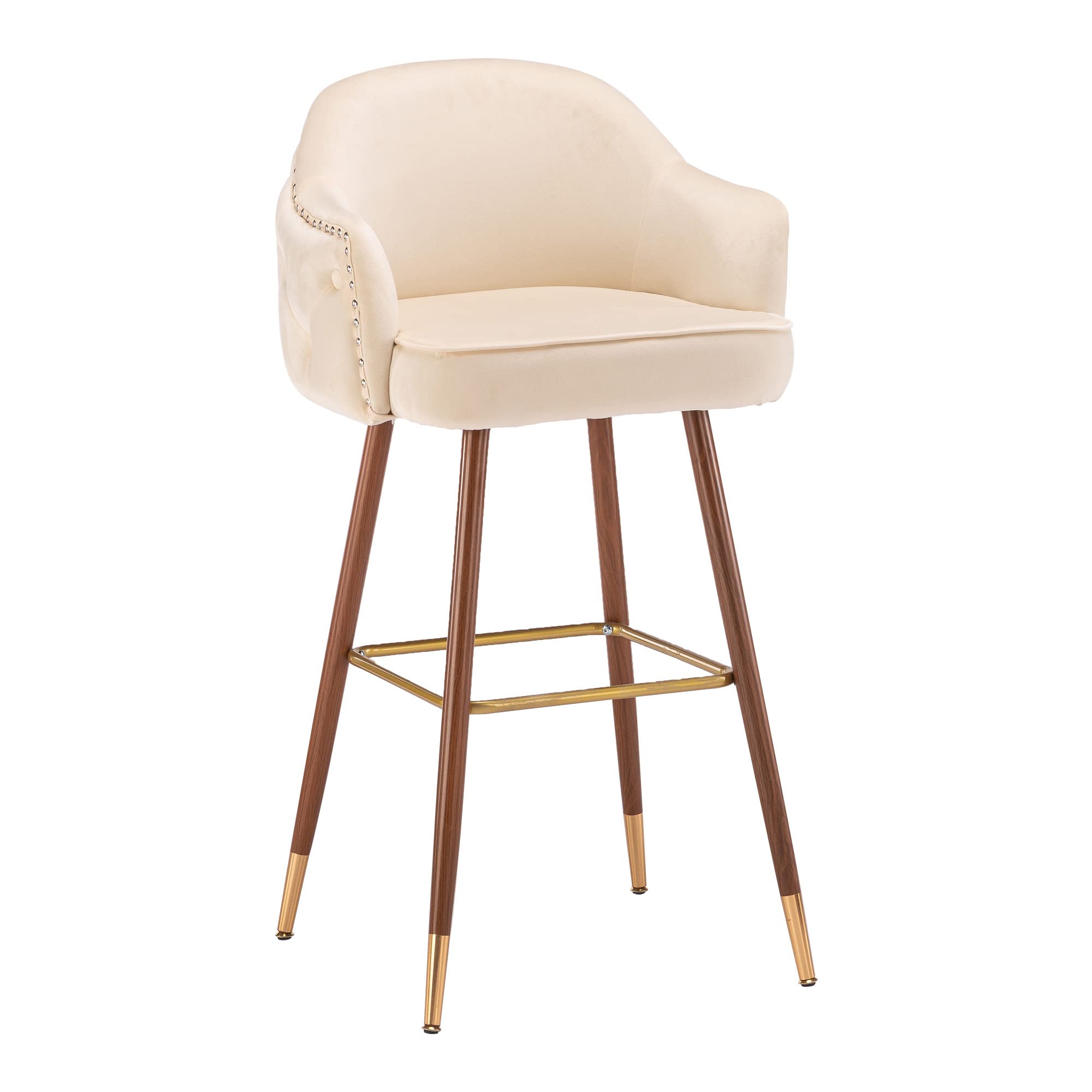 Velvet Upholstered Bar Stools with Tufted Back - Metal Legs & Gold Footrest - Kitchen Island Counter Stool - Comfortable Dining Chair for Home Bar, Breakfast Nook & Restaurant (Beige, Set of 1)