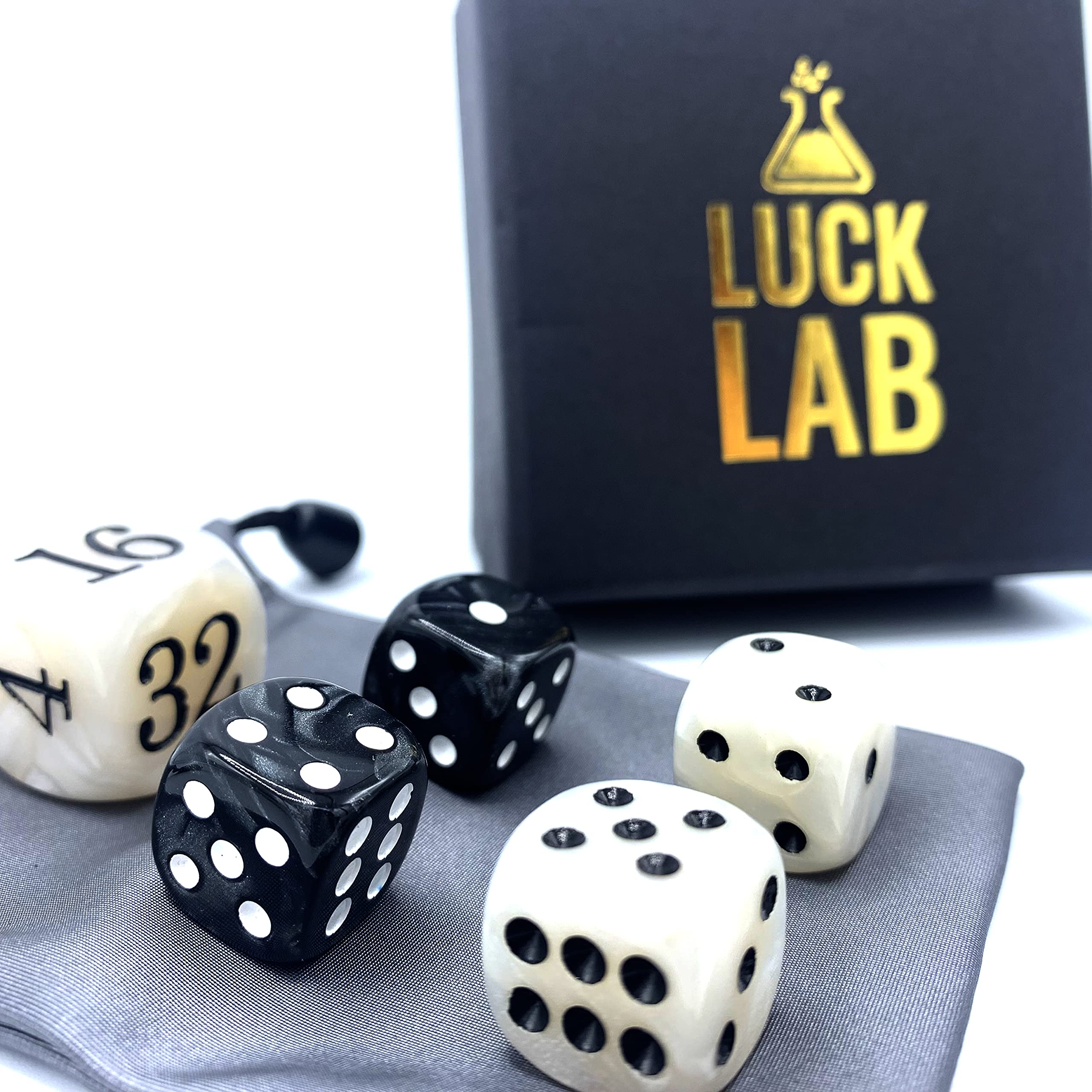 Luck Lab Backgammon Pearl Dice Set - 22mm Doubling Cube & Four 16mm Dice with Bonus Storage Bag, Black/White Marbleized - Premium Game Accessories for Backgammon, Board Games, Casino Night & Gifts