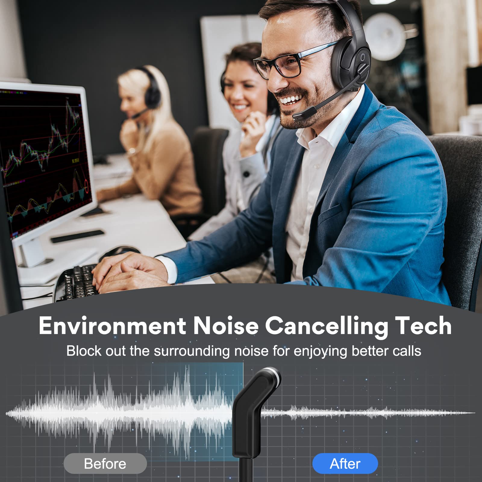 EKSA Wireless Bluetooth Headset with Microphone & USB Dongle - 30H Talk Time, 33ft Range, AI Noise Cancelling Mic - Over-Ear Headphones for PC, Laptop, Zoom Calls - Perfect for Home Office, Remote Work & Online Meetings