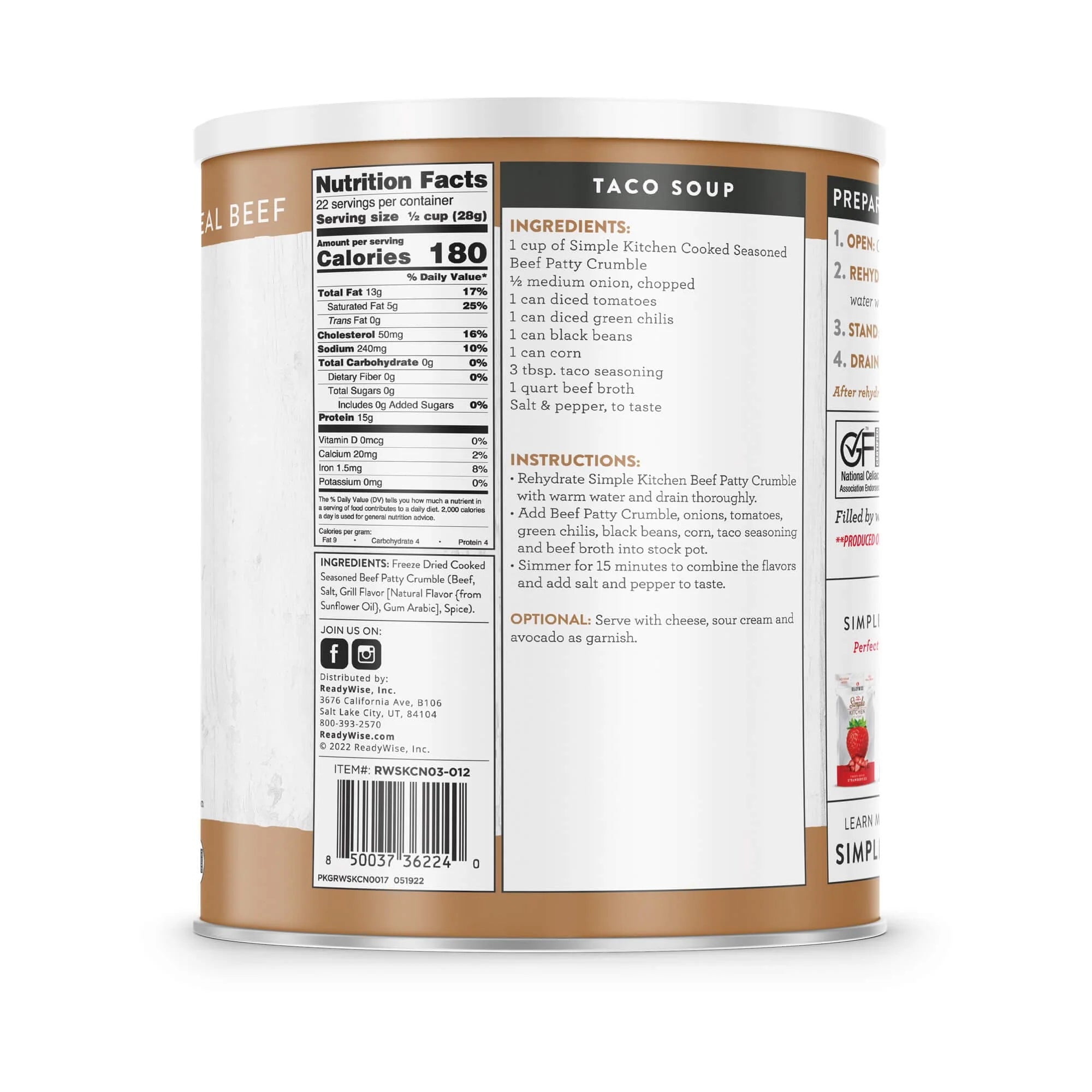 ReadyWise Simple Kitchen Freeze Dried Seasoned Beef Patty Crumbles - 22 Servings Can - Emergency Food Supply, Camping & Survival Meals, Long Shelf Life