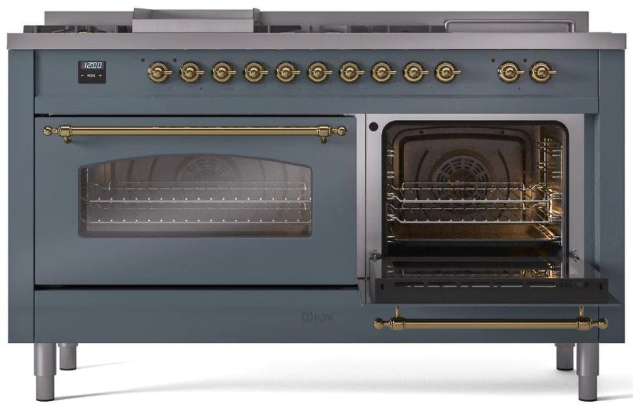 ILVE Nostalgie II 60-Inch Dual Fuel Natural Gas Range with Brass Trim - Blue Grey (UP60FSNMPBGG) | Professional Italian Kitchen Appliance for Home Chefs & Gourmet Cooking