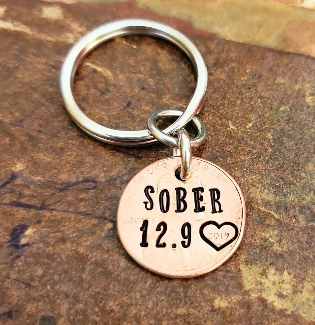 Personalized SOBER Sobriety AA NA Anniversary Keychain - Recovery Coin & Lucky Penny Gift for Clean & Sober Life - Perfect for 1 Year, 5 Year, 10 Year Milestones in Addiction Recovery Programs