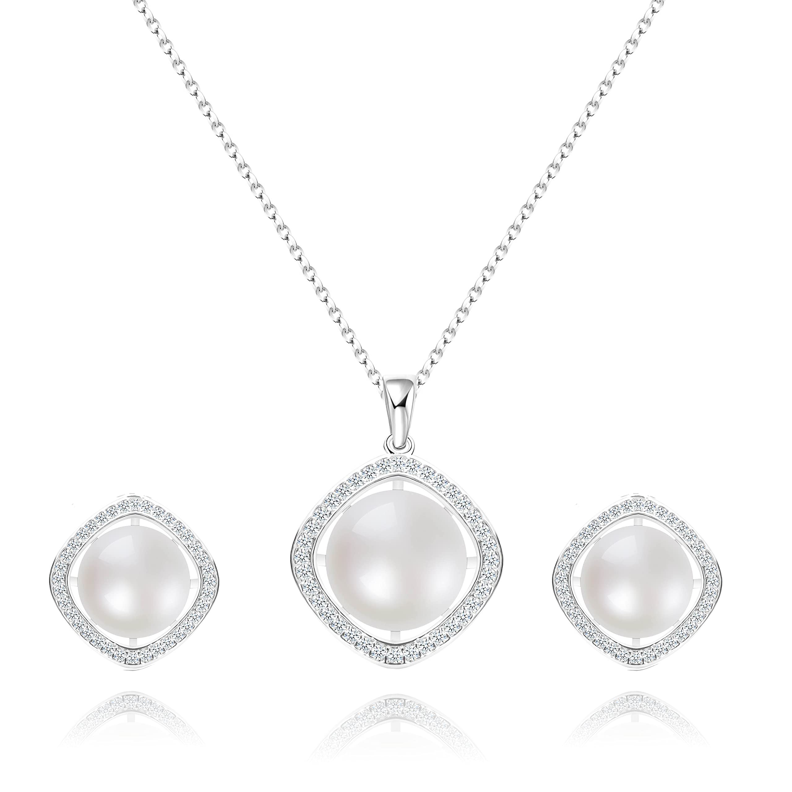 Freshwater Cultured Pearl Necklace and Earrings Set - 925 Sterling Silver Bridal Jewelry Gift for Wedding, Anniversary, and Special Occasions