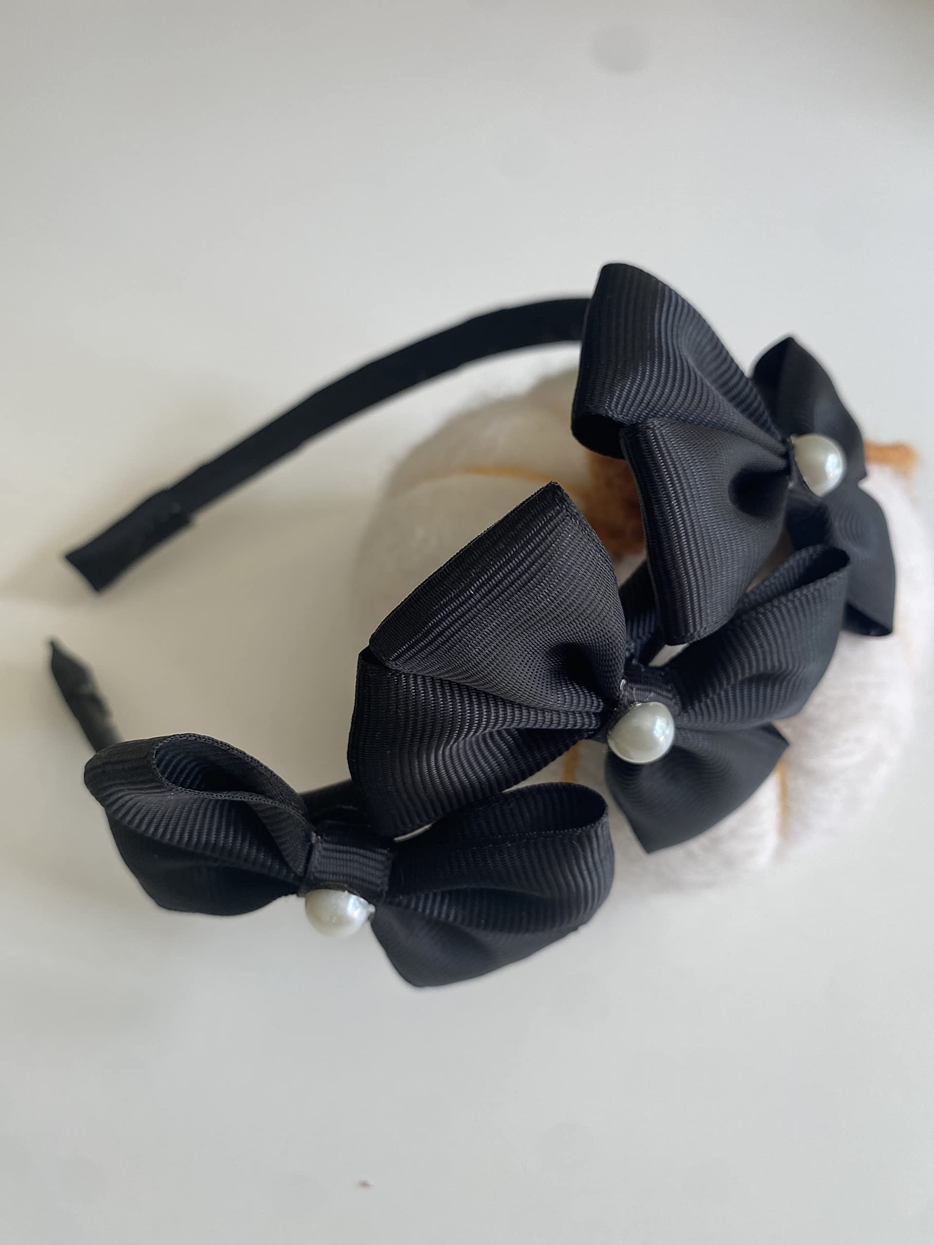 Stylish Triple Grosgrain Ribbon Bow Hairband with Pearl Detail for Women & Girls - Elegant Black Hair Accessory for Parties, Weddings & Daily Wear (Set of 1)