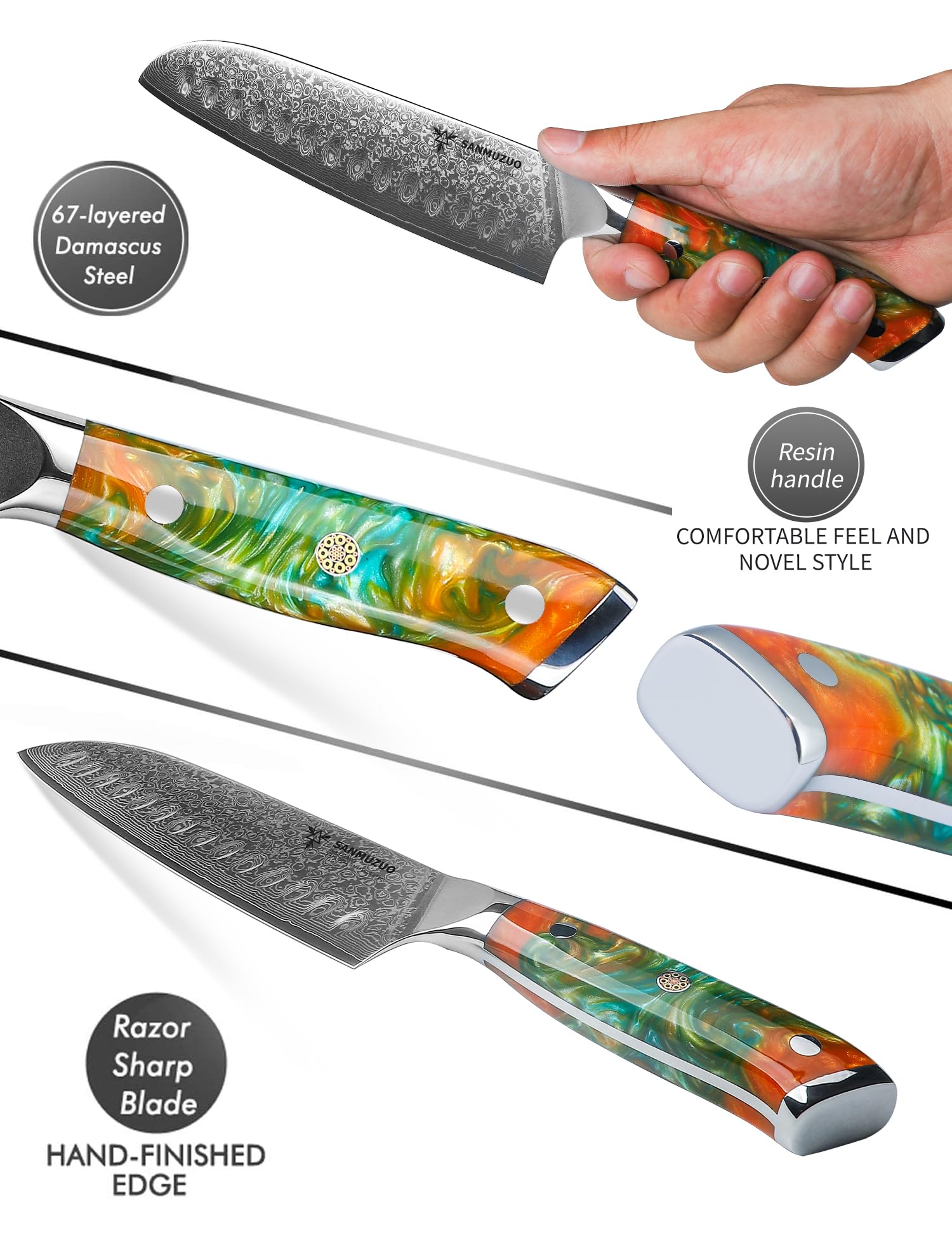 7 Inch Santoku Knife - VG10 Damascus Steel Japanese Kitchen Knife with Resin Handle (Fantasy Orange) - Xuan Series - Perfect for Slicing, Dicing & Chopping Vegetables, Meat & Fish