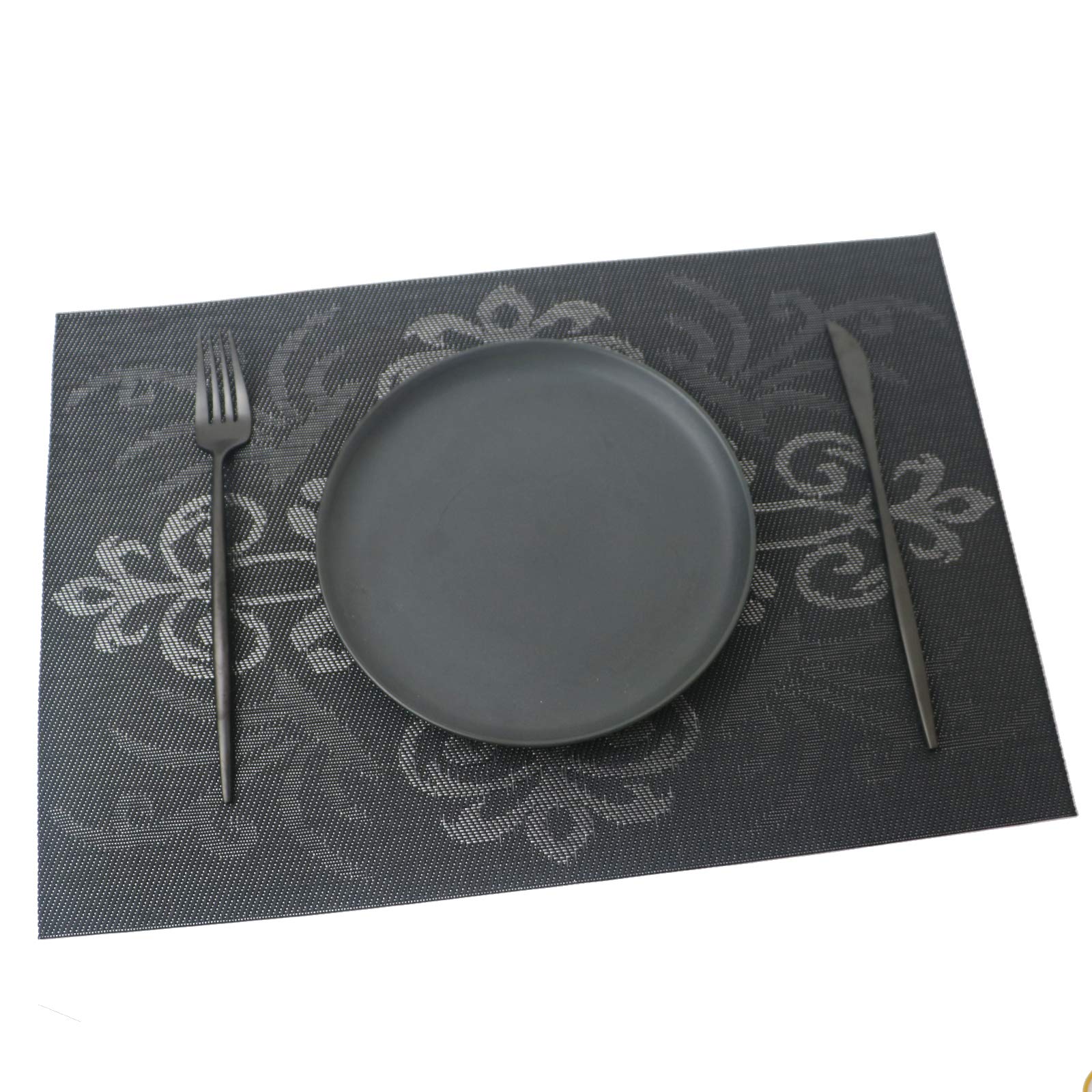 JASHII Set of 6 Rectangle Royal PVC Table Placemats - Woven Vinyl Waterproof Dining Mats for Kitchen & Restaurant (Black) | Elegant Table Setting for Dinner Parties & Daily Meals