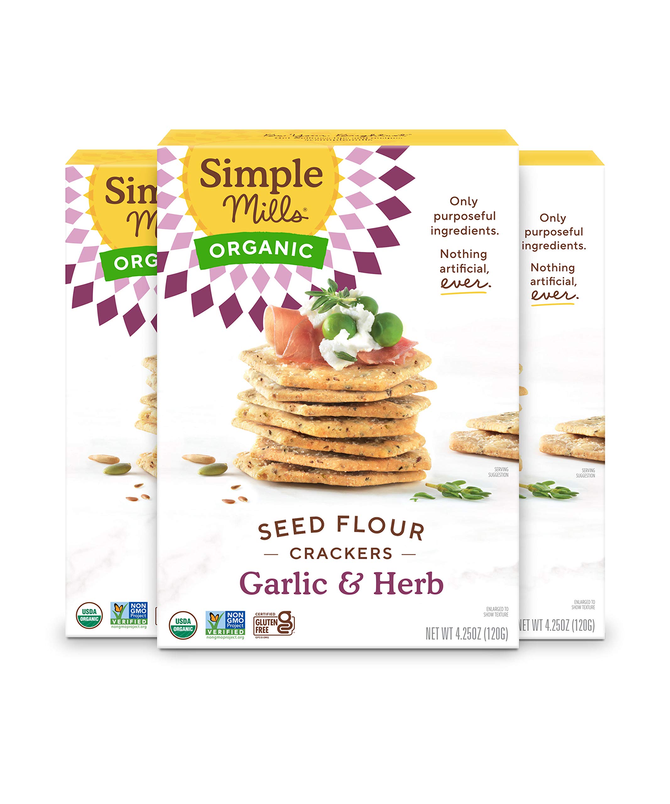 Simple Mills Organic Seed Crackers - Gluten Free, Vegan, Paleo Friendly Healthy Snacks, Garlic & Herb Flavor, 4.25oz (Pack of 3) | Perfect for On-the-Go, Lunchboxes & Keto Diet