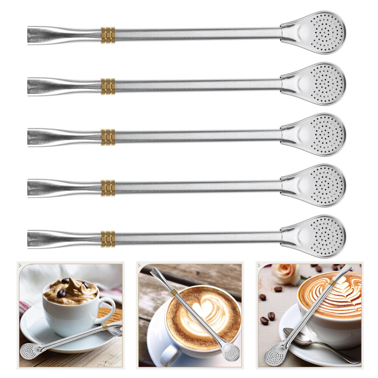 5-Piece Hemoton Matcha Spoon Set - Stainless Steel Tea Infuser & Stirring Straws for Loose Leaf Tea, Yerba Mate, and Cocktails | Perfect for Tea Lovers, Barware, and Home Brewing