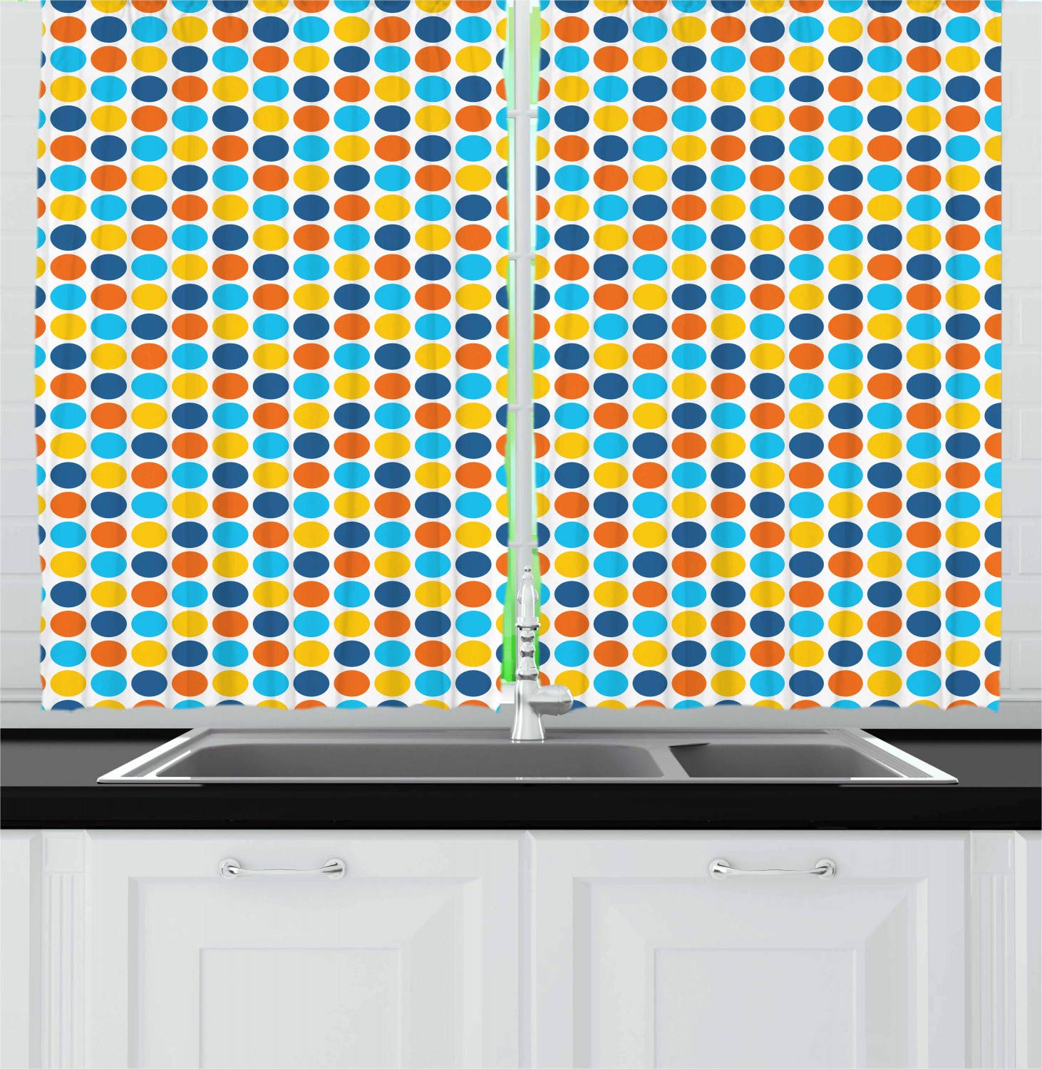 Ambesonne Geometric Retro Kitchen Curtains - Vibrant Color Dots on White Background, 2 Panel Set for Windows (55