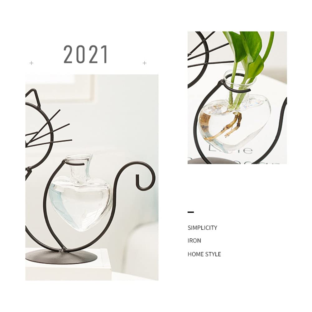 Cat-Shaped Glass Planter Vase with Metal Holder - Hydroponic Planter for Indoor Plants, Succulents & Herbs - Perfect for Home Decor, Office Desk & Gift Giving