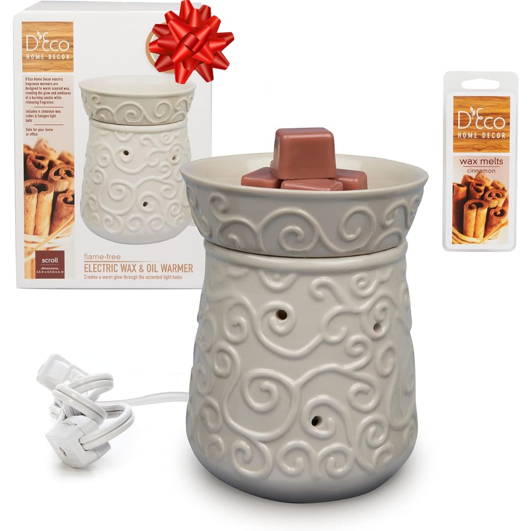 D'Eco Electric Wax Melt Warmer - Plug-in Scented Tart & Candle Warmer with 4 Cinnamon Wax Cubes, Halogen Bulb for Home Fragrance - Perfect for Living Room, Bedroom, Office & Spa - Ideal Housewarming, Wedding Gift & Aromatherapy Relaxation