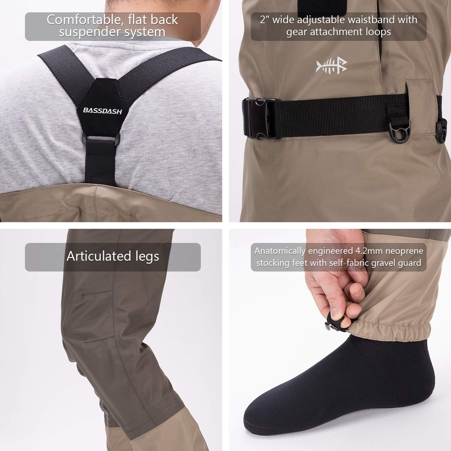 BASSDASH Men's Breathable Convertible Chest & Waist Waders for Fishing and Hunting - Stocking Foot & Boot Foot Options - Ideal for Fly Fishing, Duck Hunting, and Outdoor Water Activities