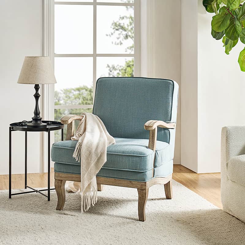Randolph Farmhouse Upholstered Accent Chair with Wooden Legs - Comfortable Living Room Armchair for Home Decor, Reading Nook & Cozy Sitting Area (Multiple Style Options Available)