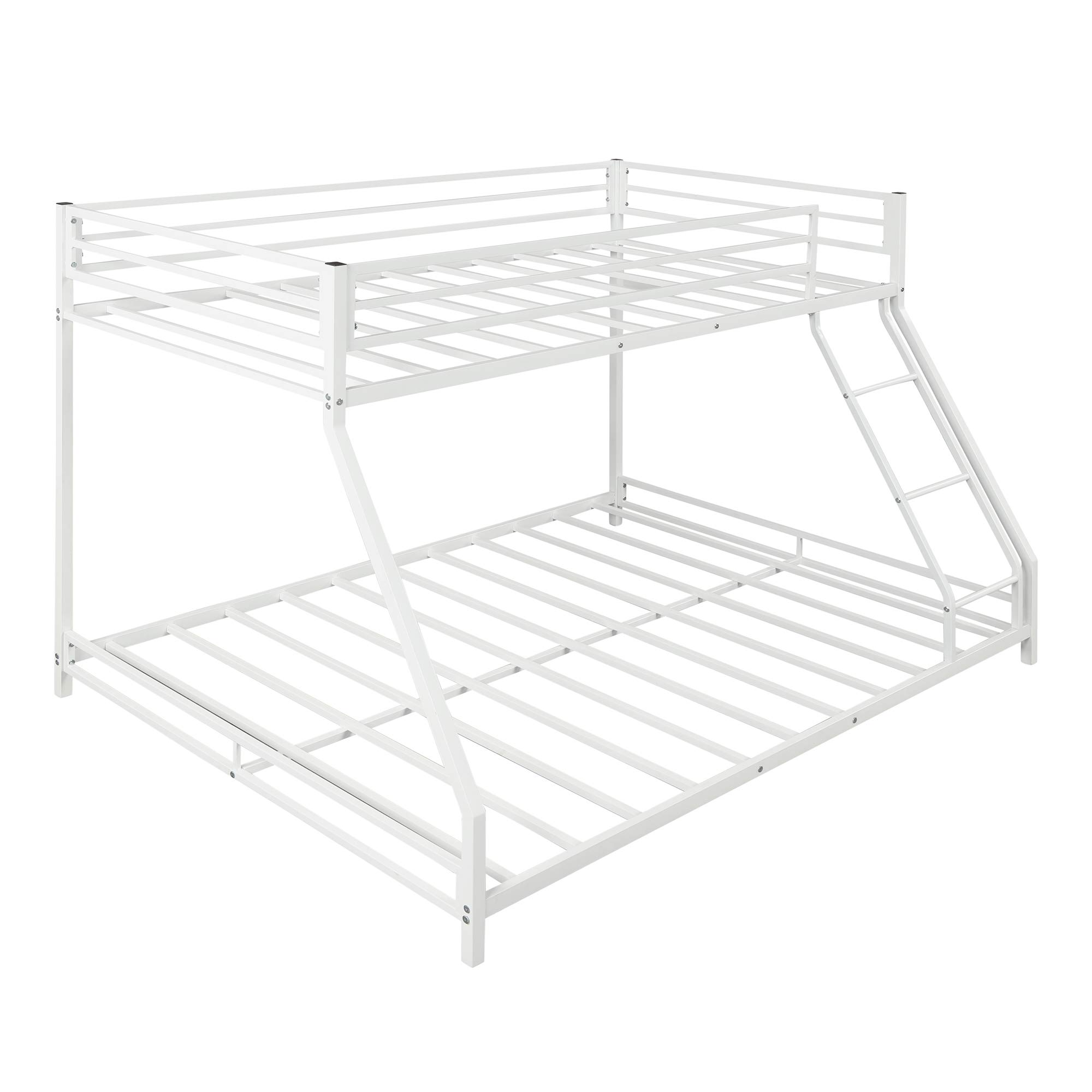 Heavy Duty Metal Low Bunk Bed - Twin Over Full Floor Bunk Bed with Sloping Ladder & Safety Guardrails - Sturdy Bed Frame for Kids Teens Adults - Perfect for Small Rooms, Dorms & Guest Rooms (White)