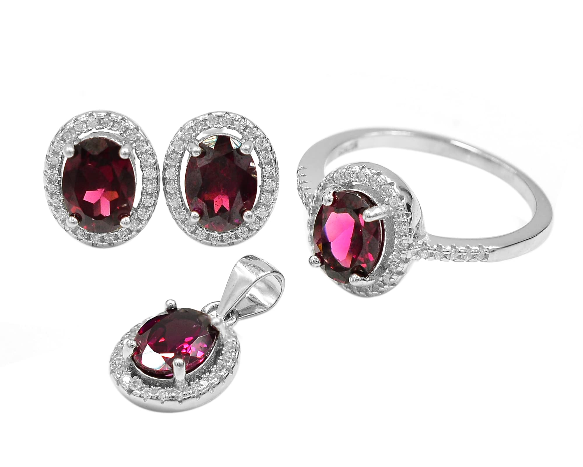 January Birthstone Natural Red Rhodolite Garnet Jewelry Set - 925 Sterling Silver Ring, Earrings & Pendant for Women | Perfect Love & Friendship Gift for Girlfriend, Wife or Daughter | Ideal for Valentine's Day, Anniversary & Special Occasions