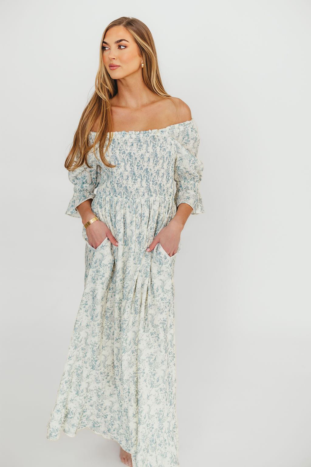 Sienna 100% Cotton Puff Sleeve Maxi Dress - Blue Floral Print Maternity Dress for Women | Bump Friendly, Comfortable & Stylish for Pregnancy, Baby Shower, Maternity Photoshoot & Summer Outfits