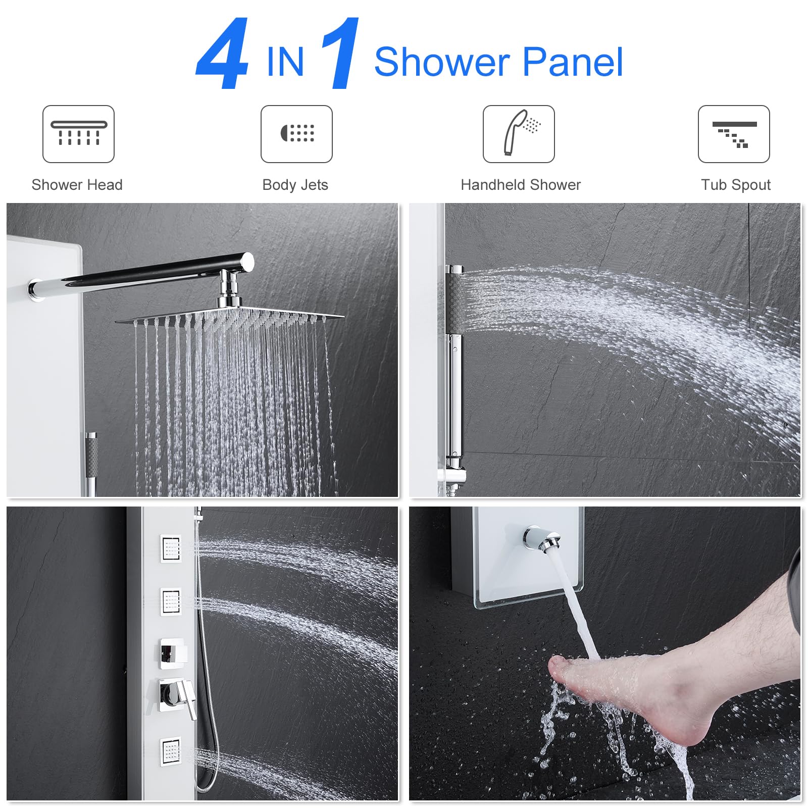 Premium White Tempered Glass Shower Panel Tower System - 304 Stainless Steel Wall Mounted Shower Column with 8